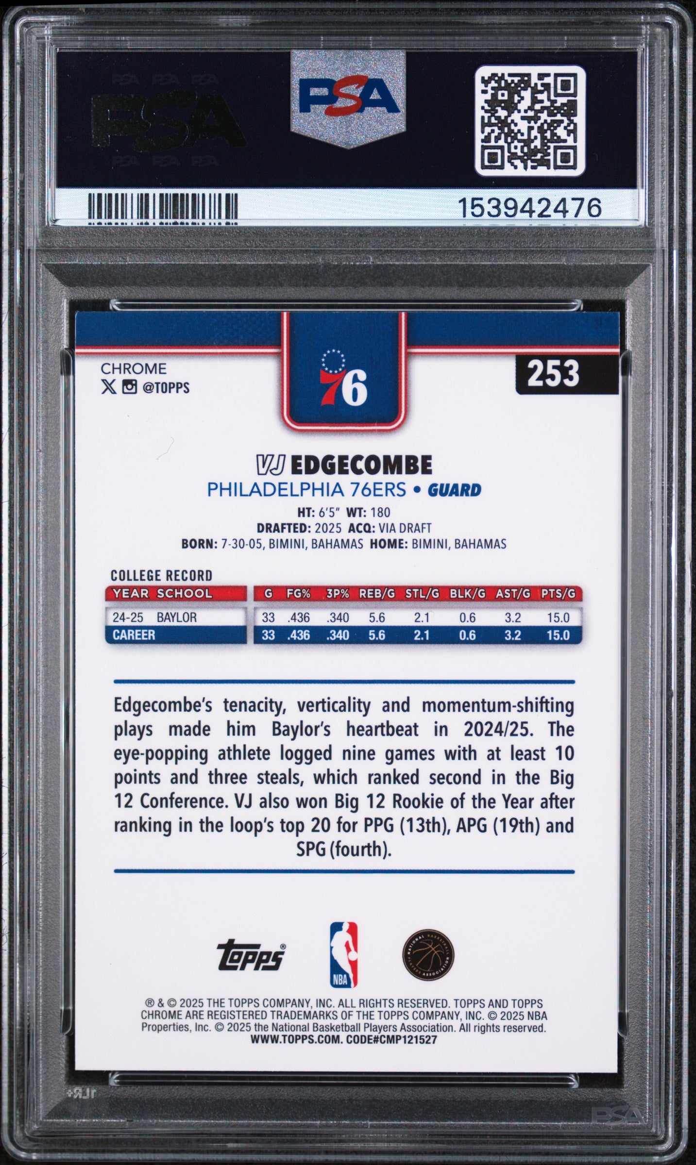 2025 Topps Chrome VJ Edgecombe #253 X Fractor Rookie RC PSA 10 Gem Mint