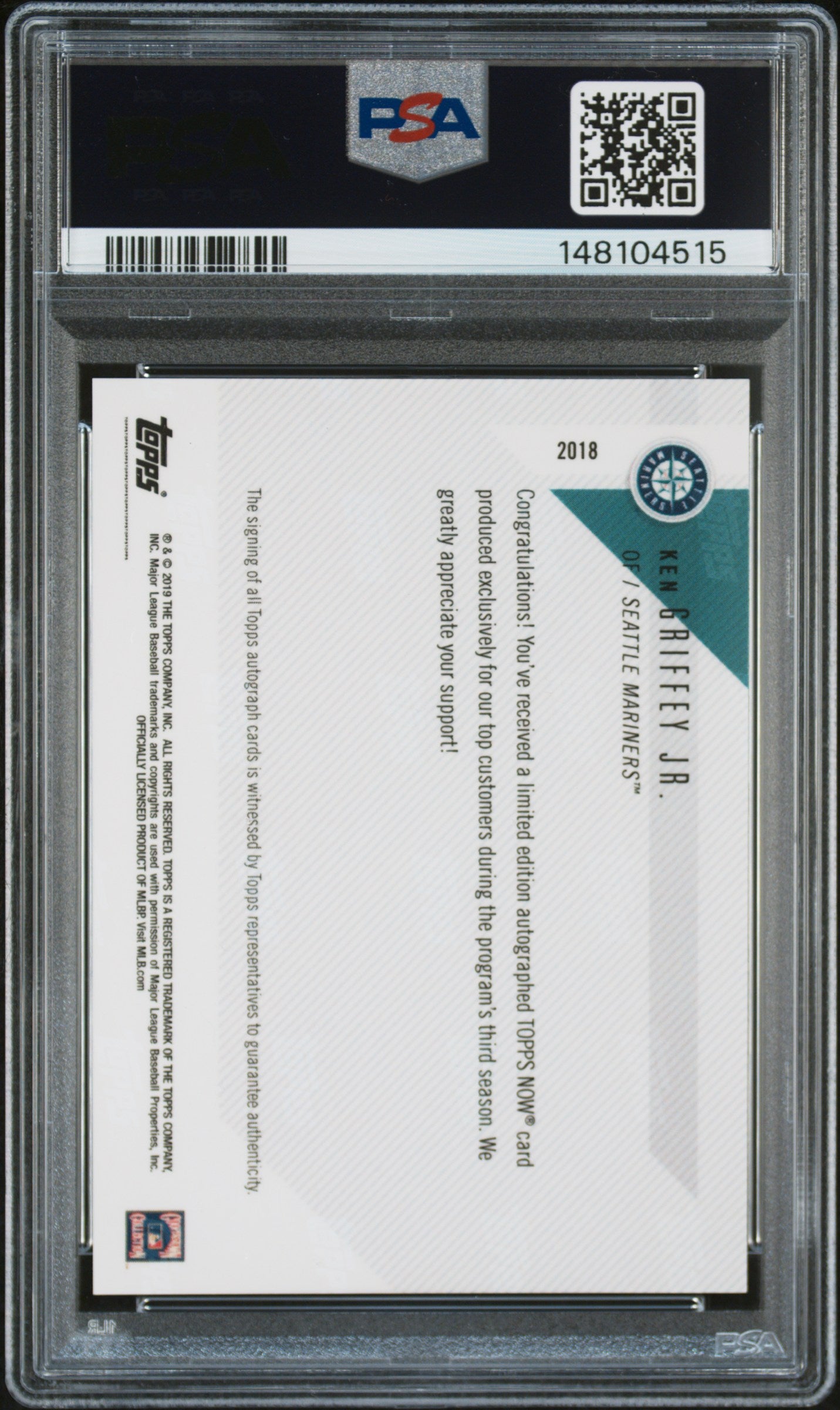 2019 Topps Now Platinum Member-Autograph Ken Griffey JR SP PSA 10 Auto 10 POP 3
