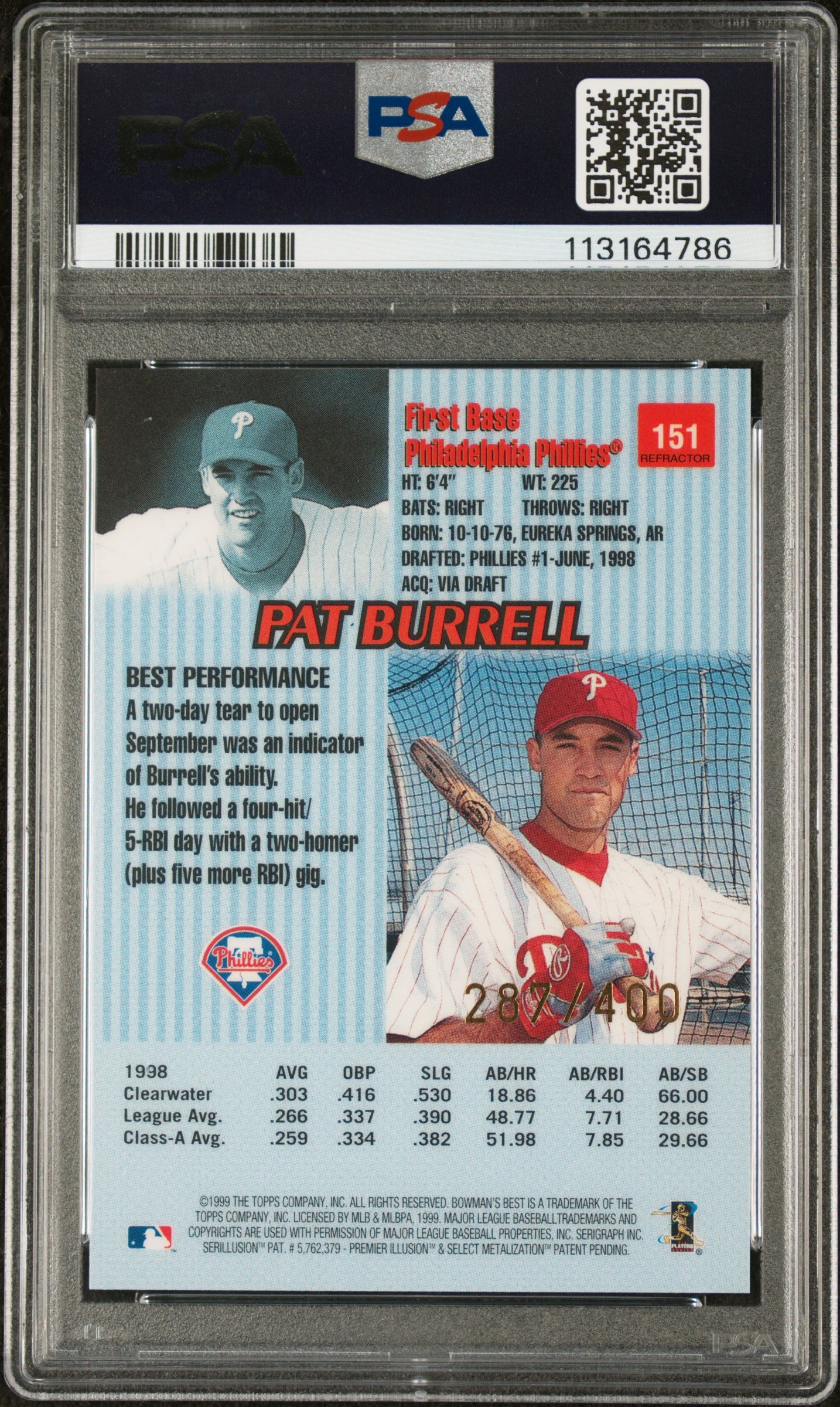 1999 Bowman's Best Pat Burrell #151 ROOKIE Refractor #/400 PSA 10 POP 8