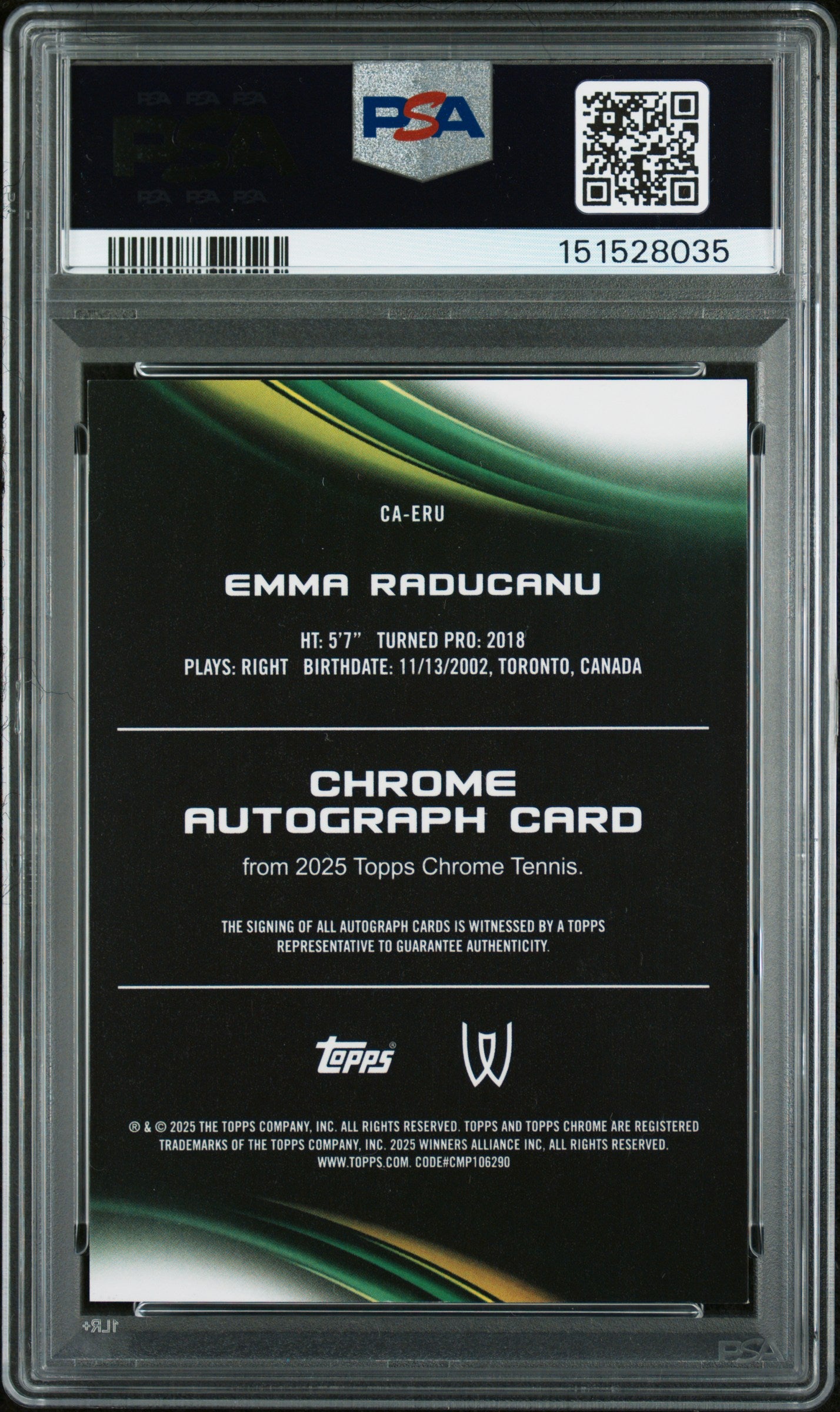 2025 Topps Chrome Tennis Autograph Emma Raducanu Red Refractor /5 PSA 9 Auto 10