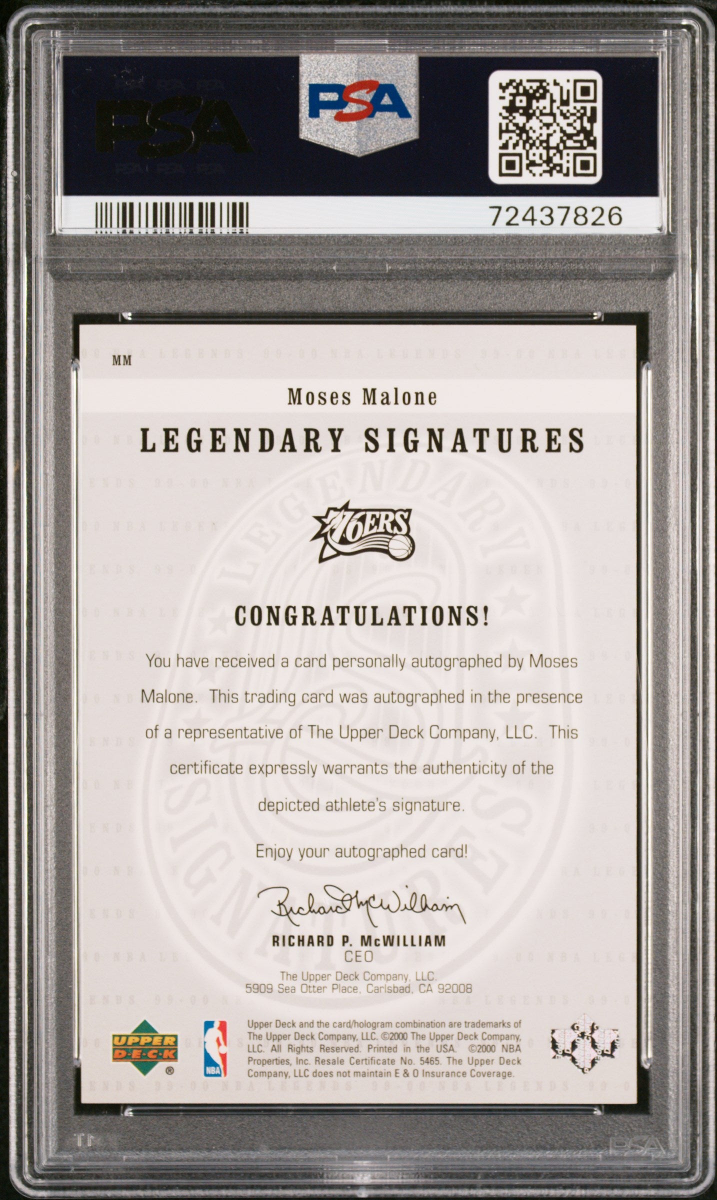 1999 Upper Deck Legends Legendary Signatures Moses Malone #MM PSA 10 Auto POP 3
