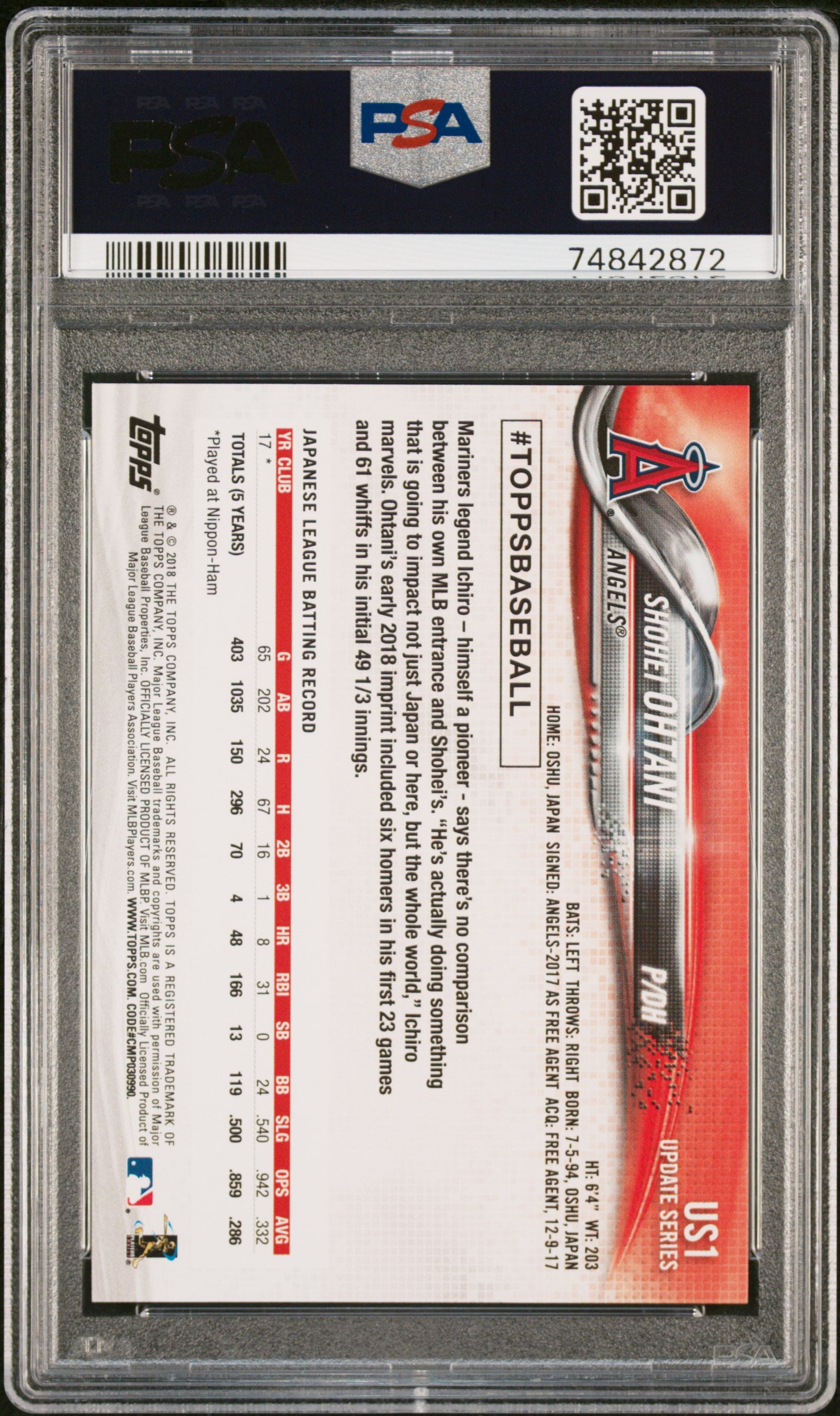 2018 Topps Update Shohei Ohtani #US1 Rookie Pitching Red Jersey PSA 10 Gem Mint