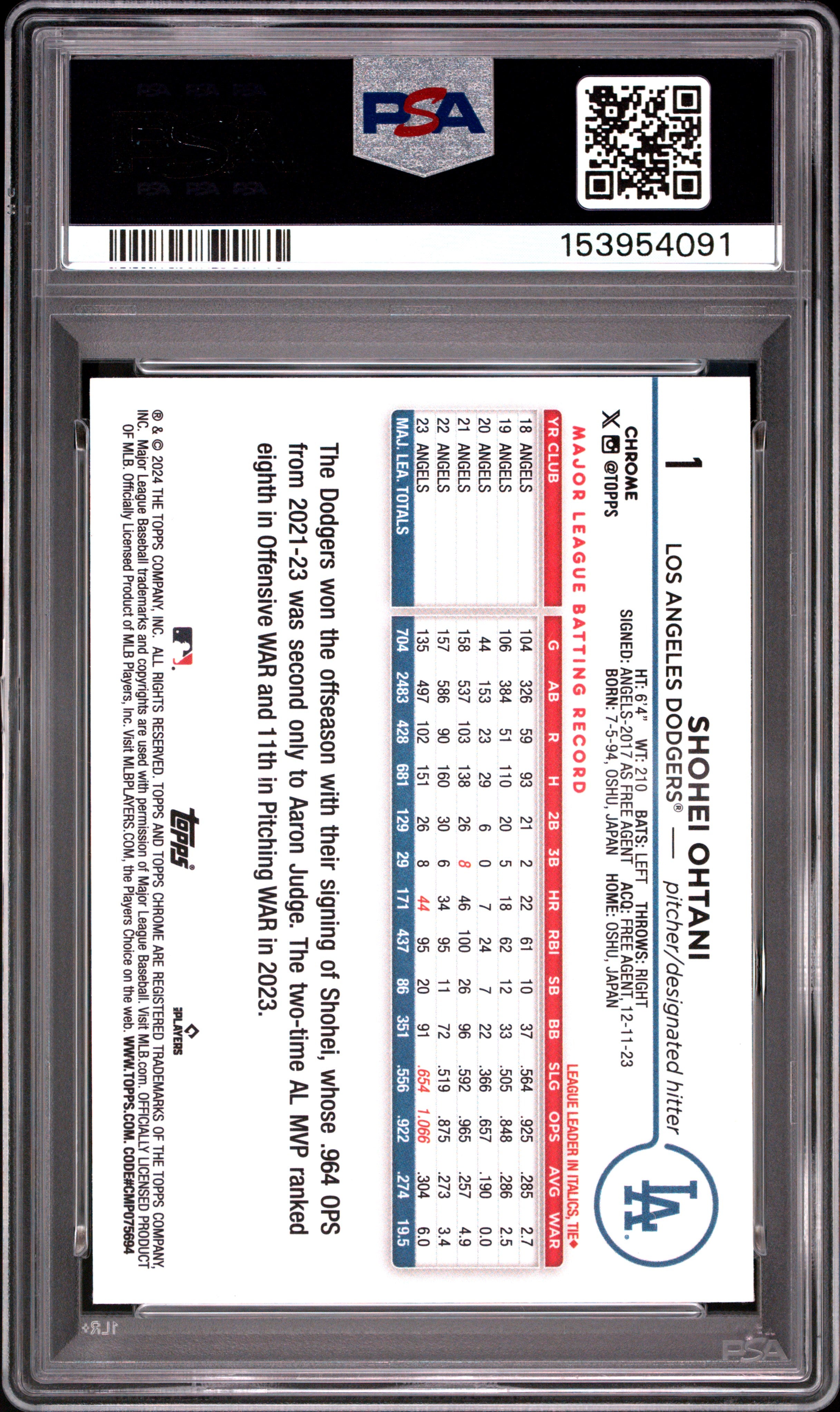 2024 Topps Chrome Shohei Ohtani #1 Pink Refractor Champ MVP PSA 9 Dodgers
