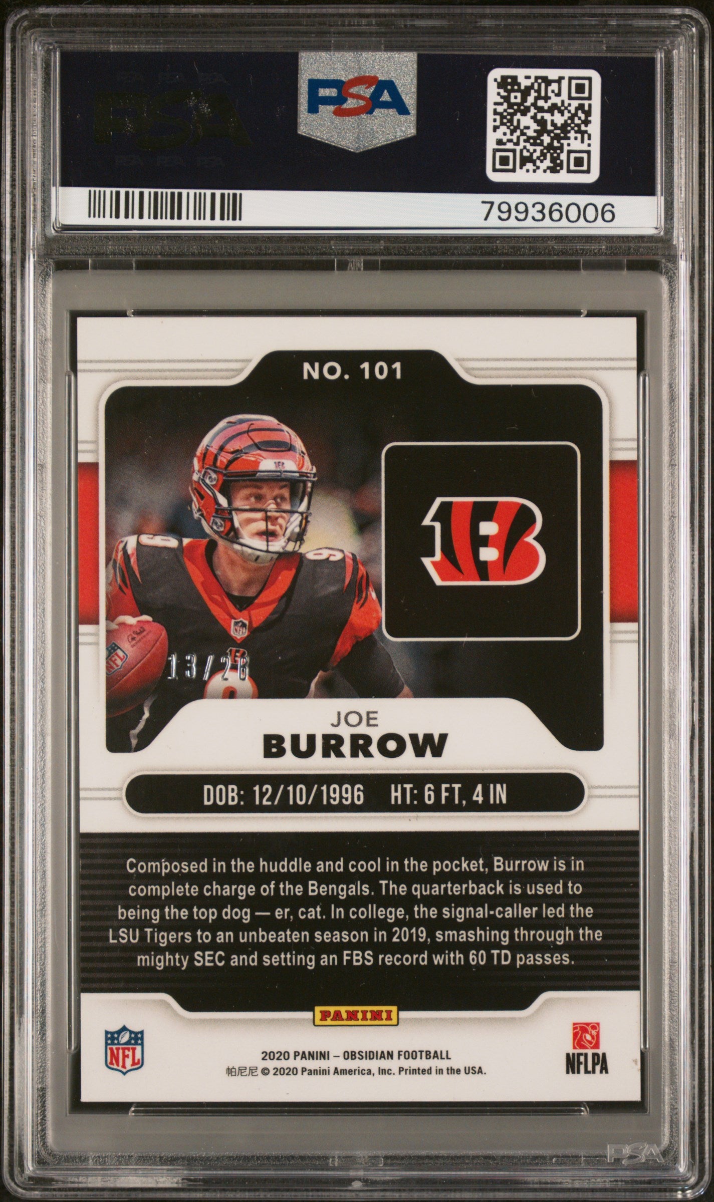 2020 Obsidian Joe Burrow #101 Electric Etch Red Flood Rookie #/25 PSA 10 POP 3