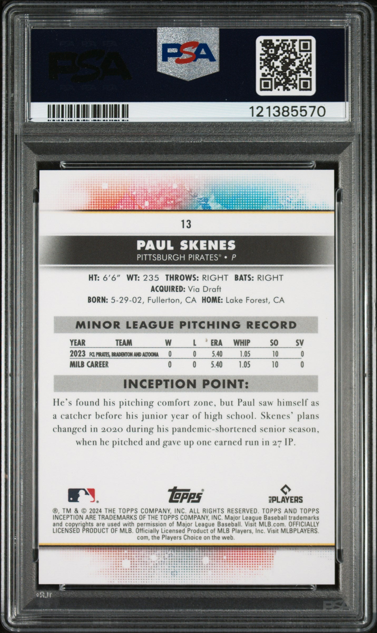 2024 Topps Inception Paul Skenes #13 Green ROOKIE RC PSA 10 LOW POP GEM MINT