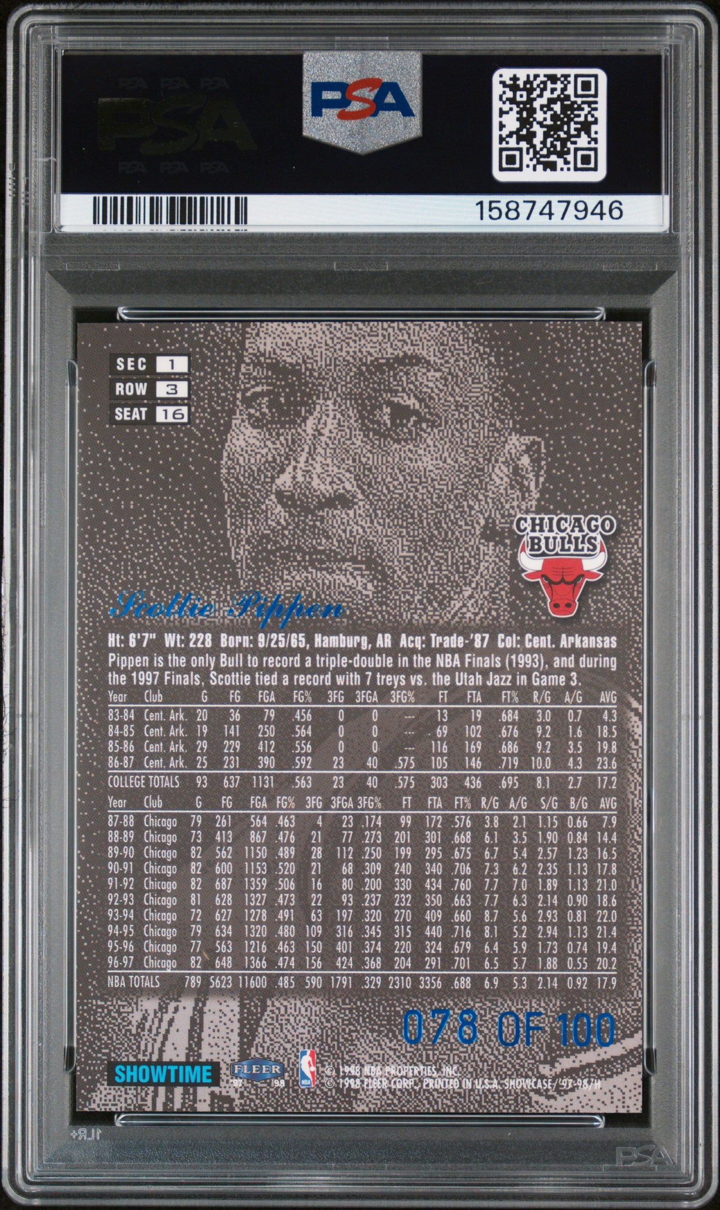 1997-98 Flair Showcase Scottie Pippen Legacy Collection Row 3 78/100 PSA 8 Bulls