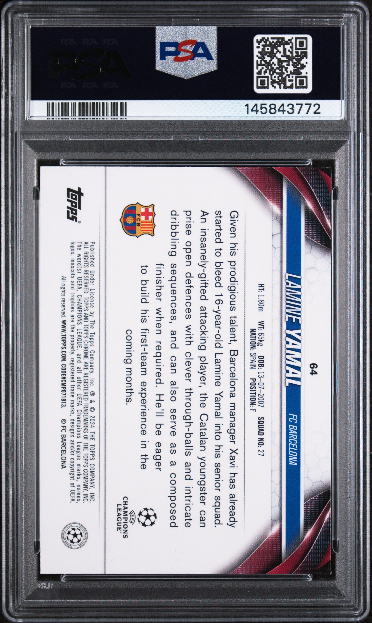 2023-24 Topps Chrome UEFA Club Competitions Lamine Yamal #64 Mint Rookie PSA 9
