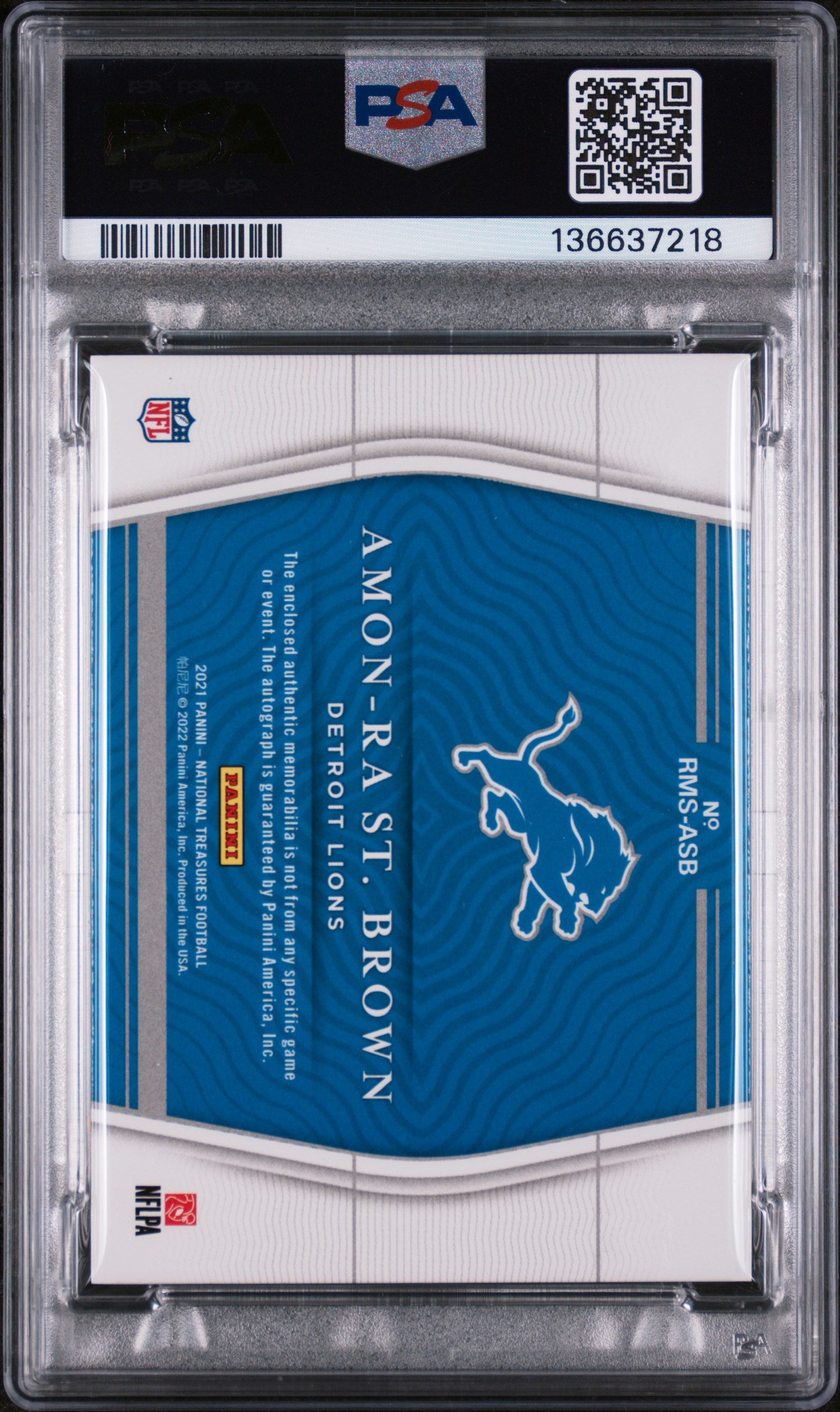 2021 National Treasures Rookie Material Signatures Amon-Ra ST. Brown /99 PSA 7