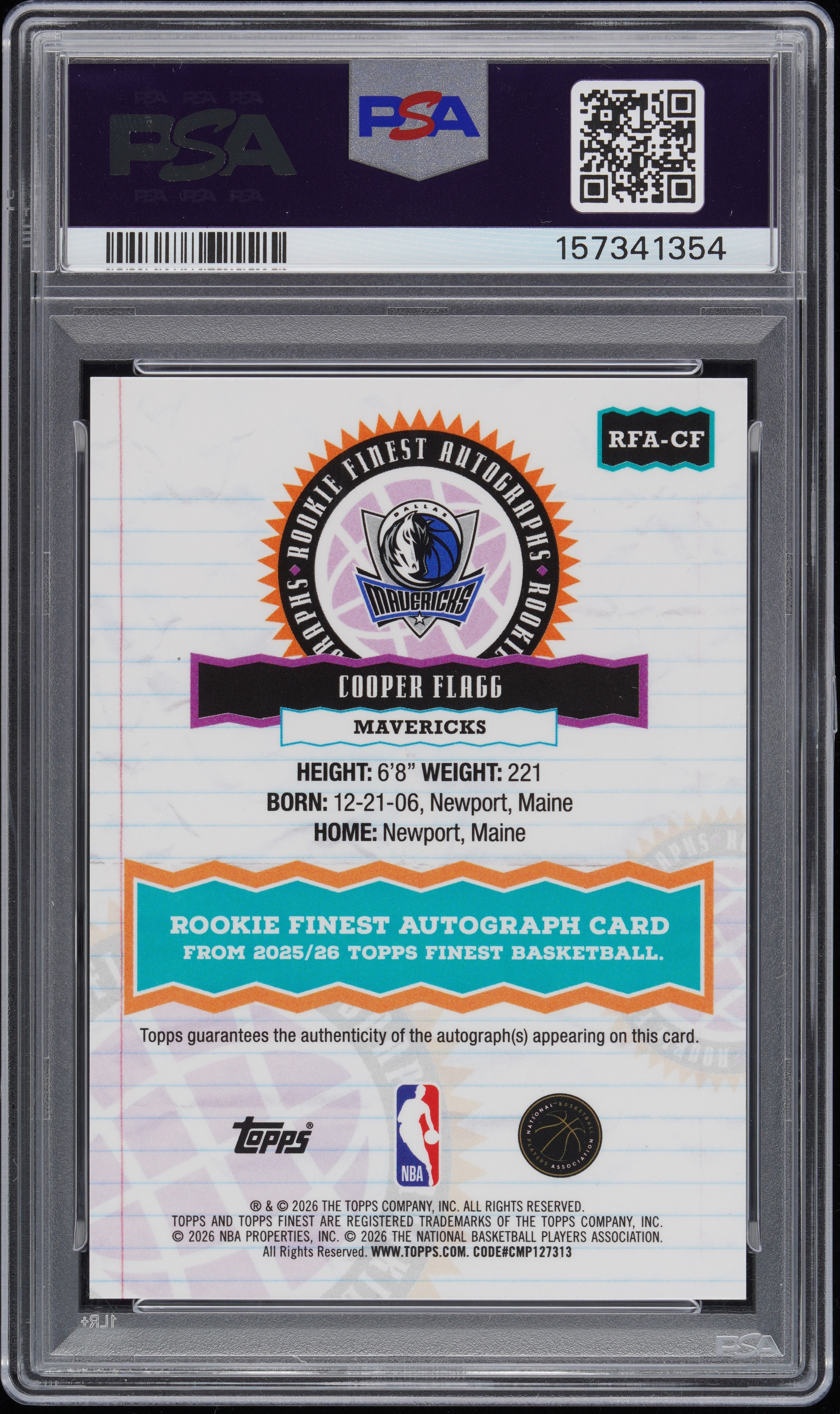 2025 Topps Finest Rookie Auto Cooper Flagg Autograph Blue X Fractor /99 PSA 10