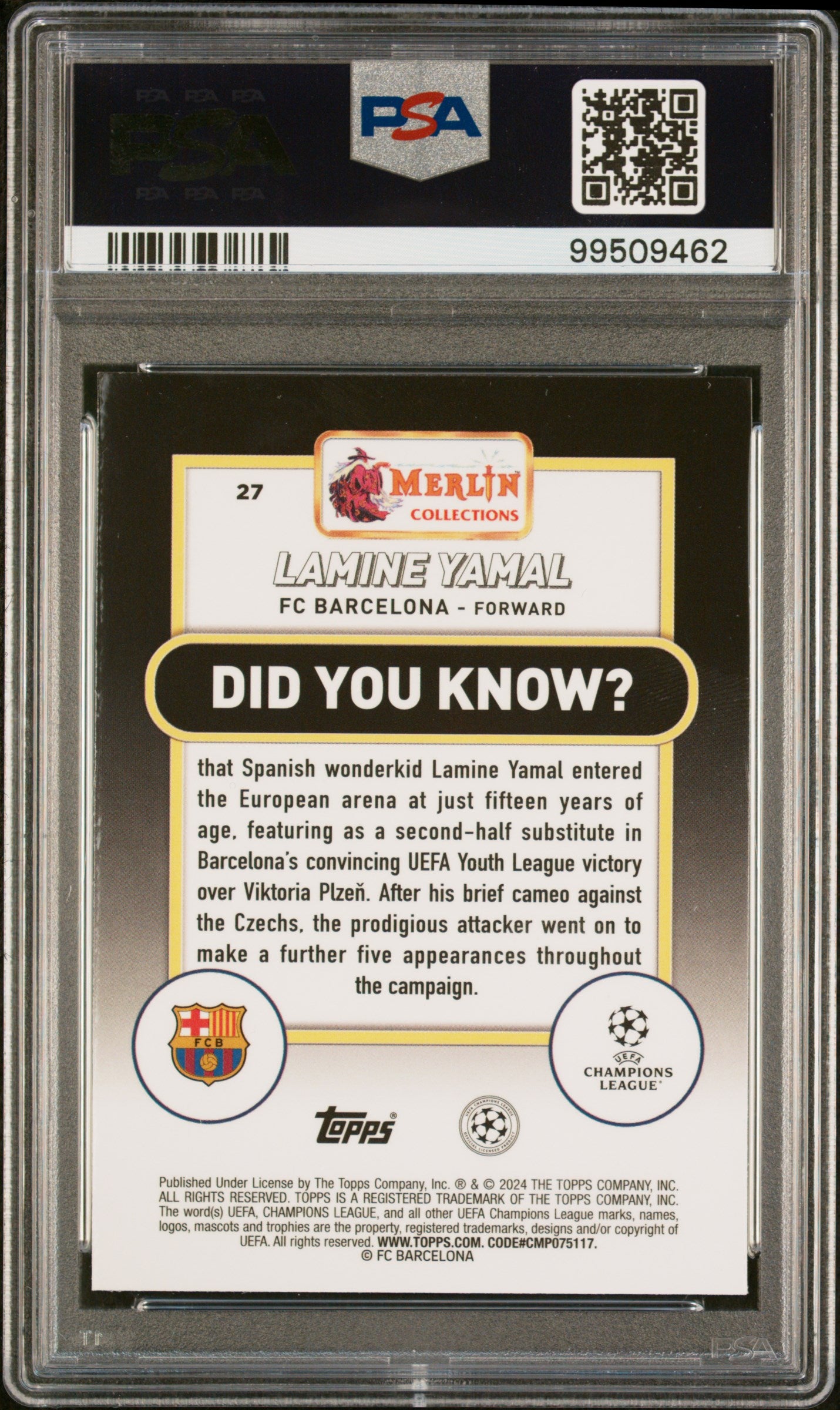 2023-24 Topps Merlin UEFA Club Comp Lamine Yamal #27 Rookie RC PSA 10