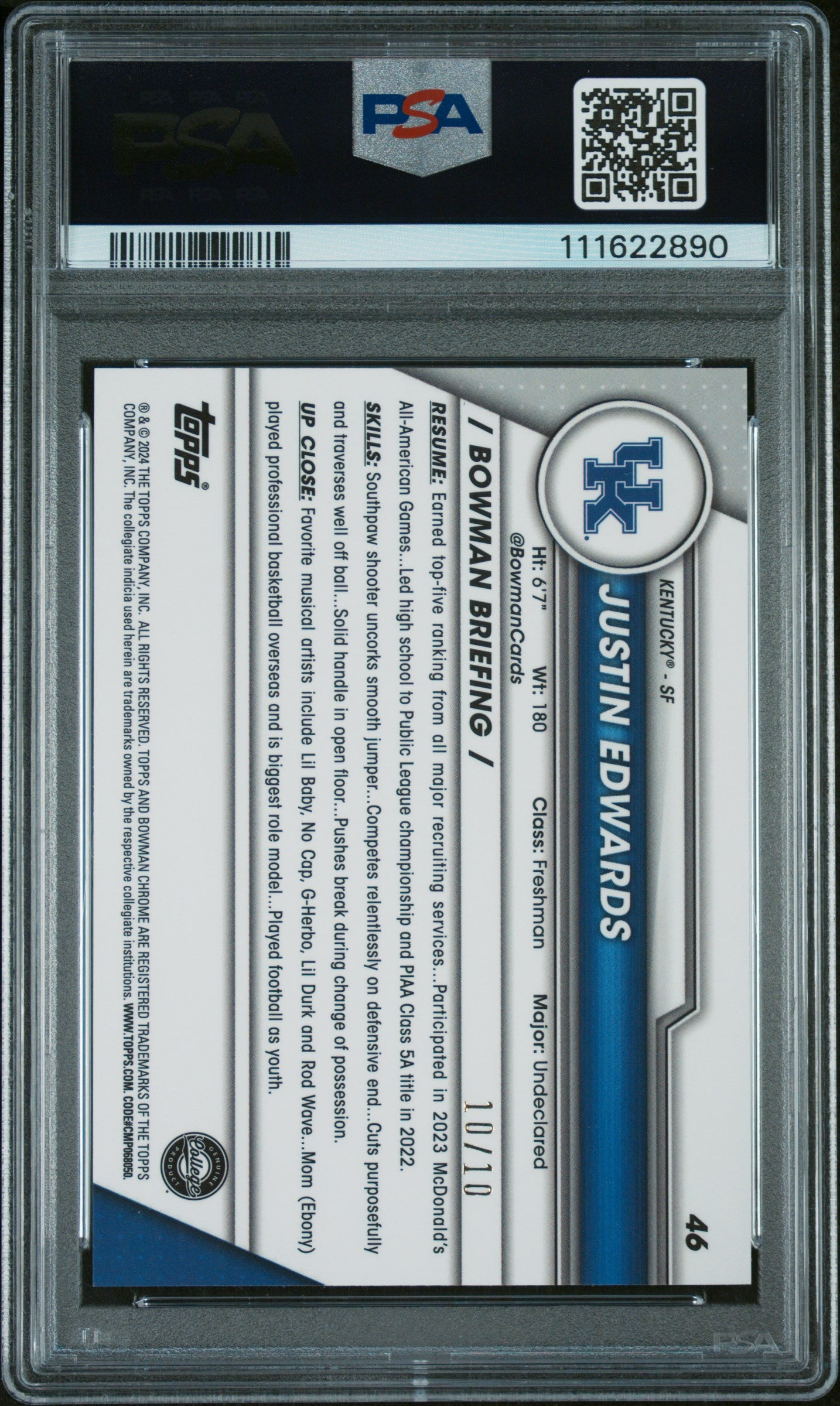 2023 Bowman U Chrome Sapphire Justin Edwards Rookie #46 Black Ref #10/10 PSA 10