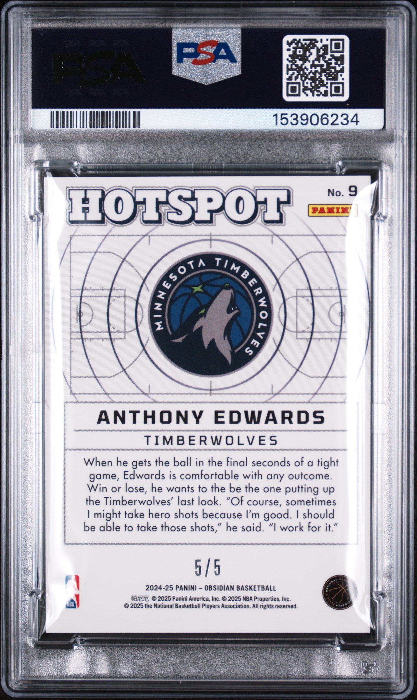 Obsidian Hotspot Anthony Edwards Blue Deep Sea #5/5 Jersey Number PSA 10 POP1
