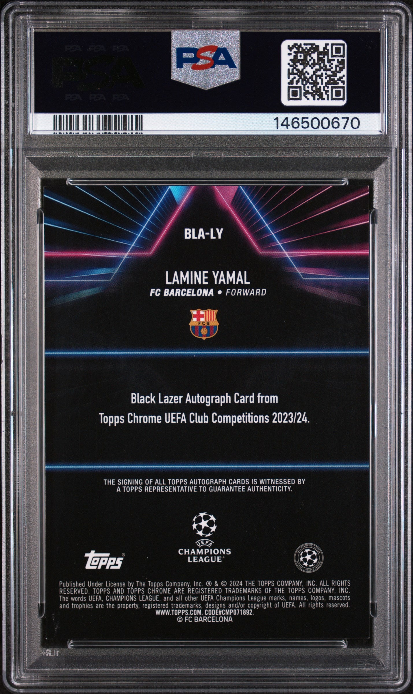 2023-24 Topps Chrome UEFA Black Lazer Autograph Rookie Lamine Yamal PSA Auto 10