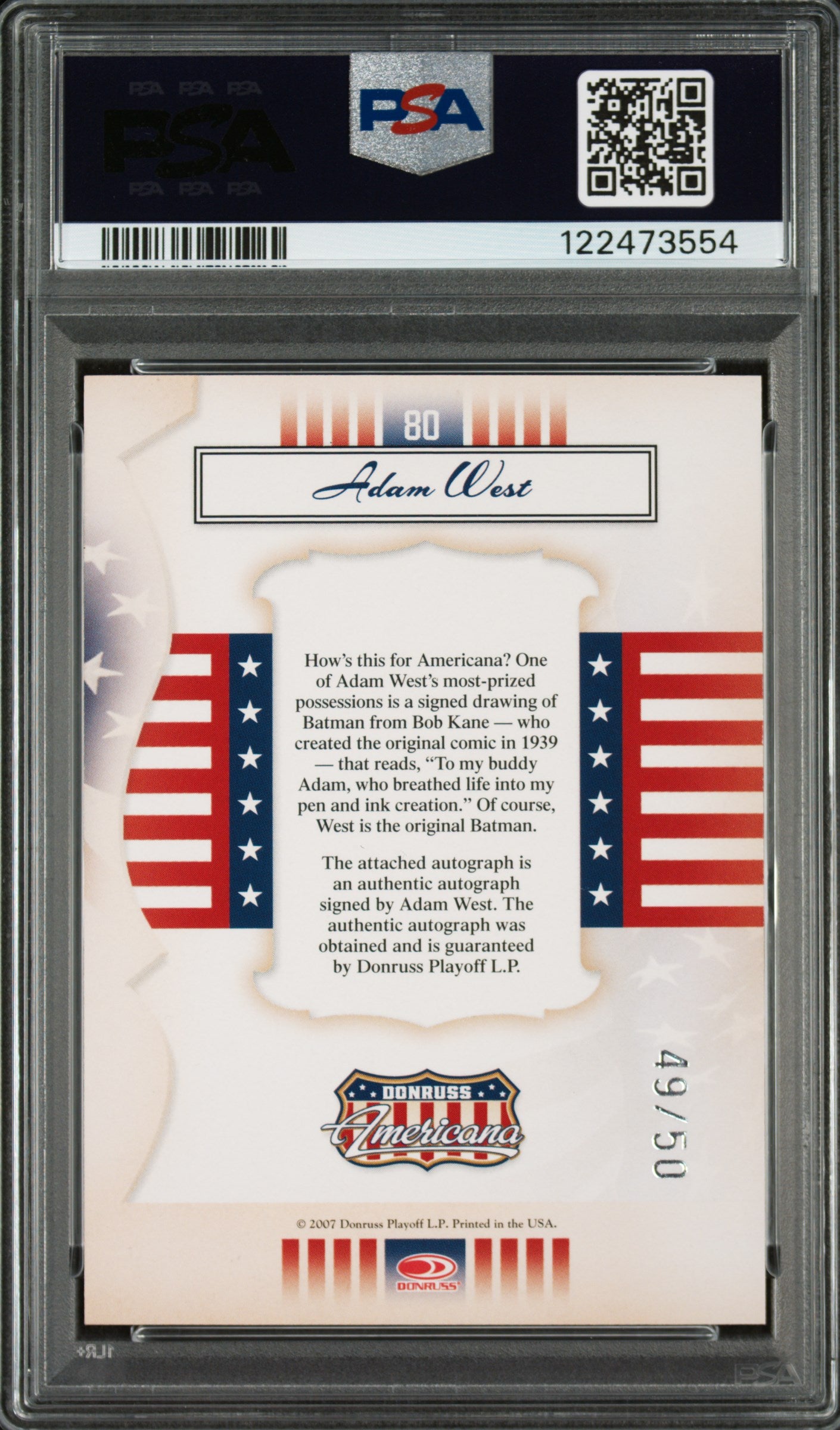 2007 Donruss Americana Private Signings Adam West Batman #80 PSA 9/10 Auto