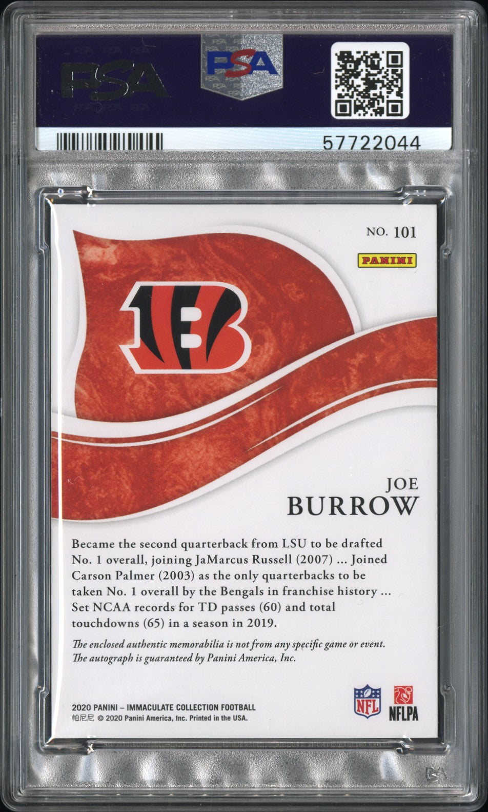 JOE BURROW 2020 IMMACULATE LOGO PATCH RPA AUTO /99 ROOKIE PSA 10 GEM POP1🔥