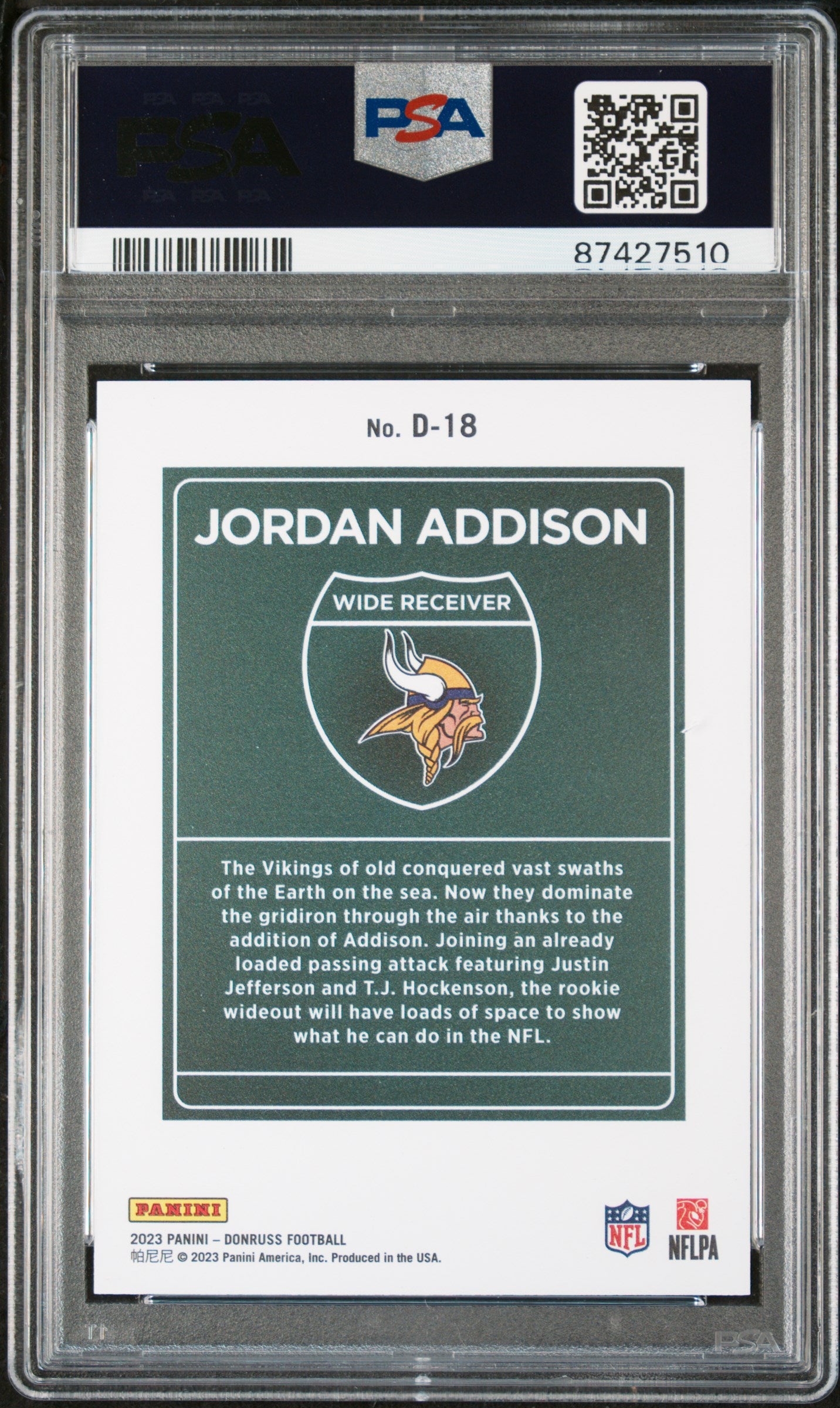 2023 Panini Donruss Downtown! Jordan Addison #D18 Rookie RC SP PSA 9