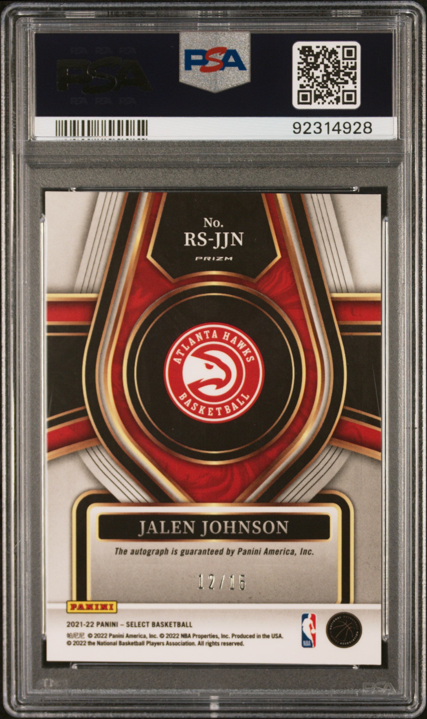 2021 Select Rookie Signatures Jalen Johnson #/15 Neon Purple Pulsar PSA 10 Hawks