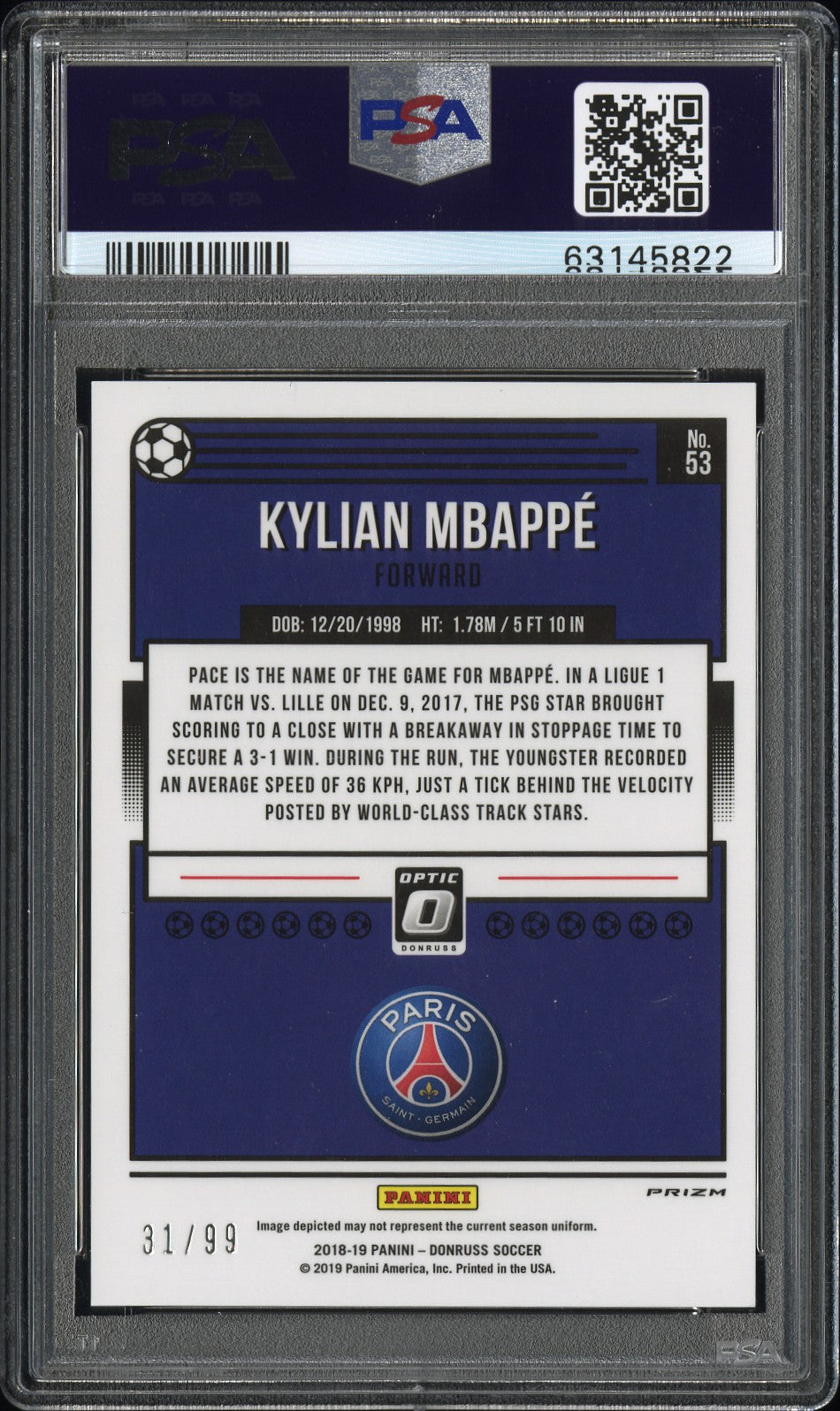 2018 Donruss Kylian Mbappe #53 Optic Orange Prizm / 99 Rookie PSA 10 France