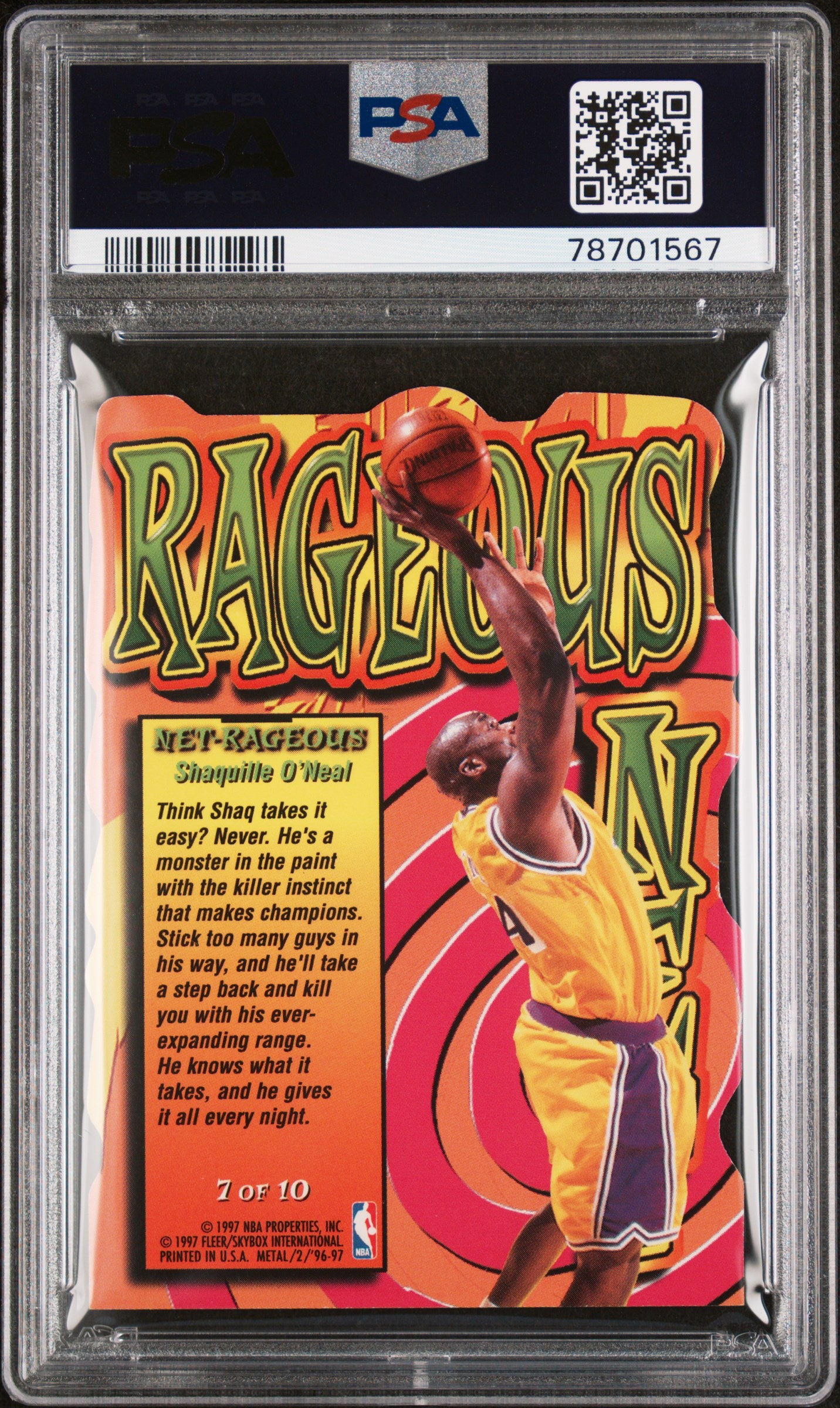 1996 Metal Net-Rageous Shaquille O'Neal #7 SP Die Cut PSA 9 Mint Lakers