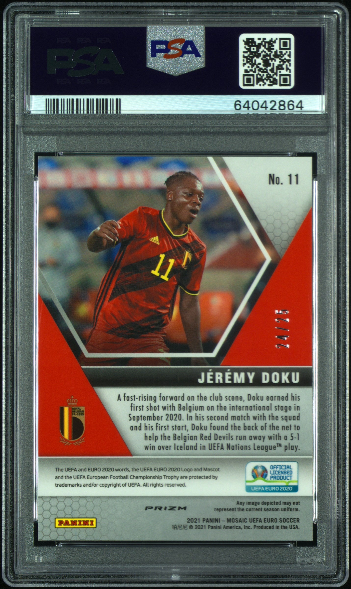 2020 Panini Mosaic UEFA Euro Jeremy Doku Rookie #11 White Circles /25 PSA 10