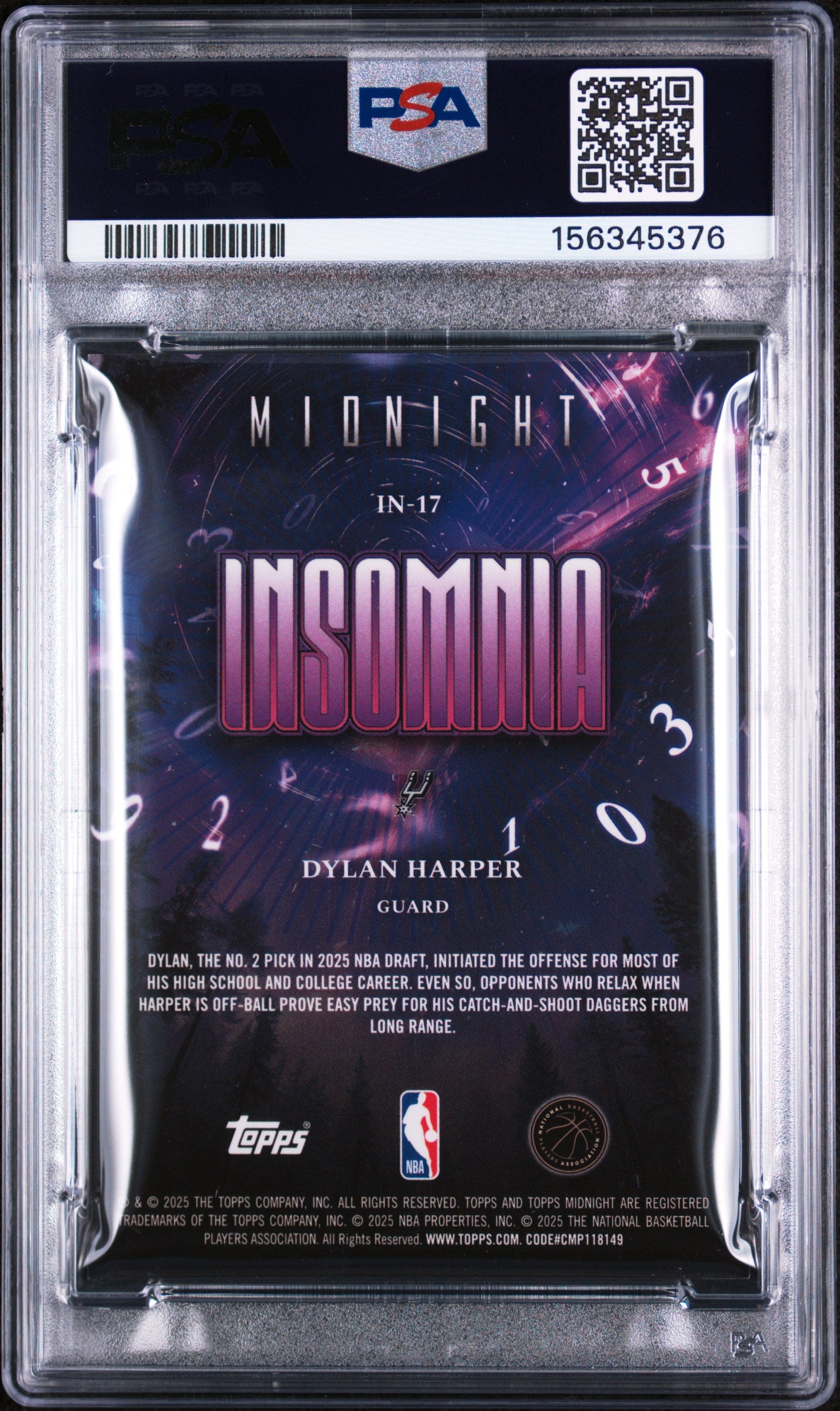 2025 Topps Midnight Insomnia Dylan Harper Rookie RC Dusk /75 PSA 10 POP 1