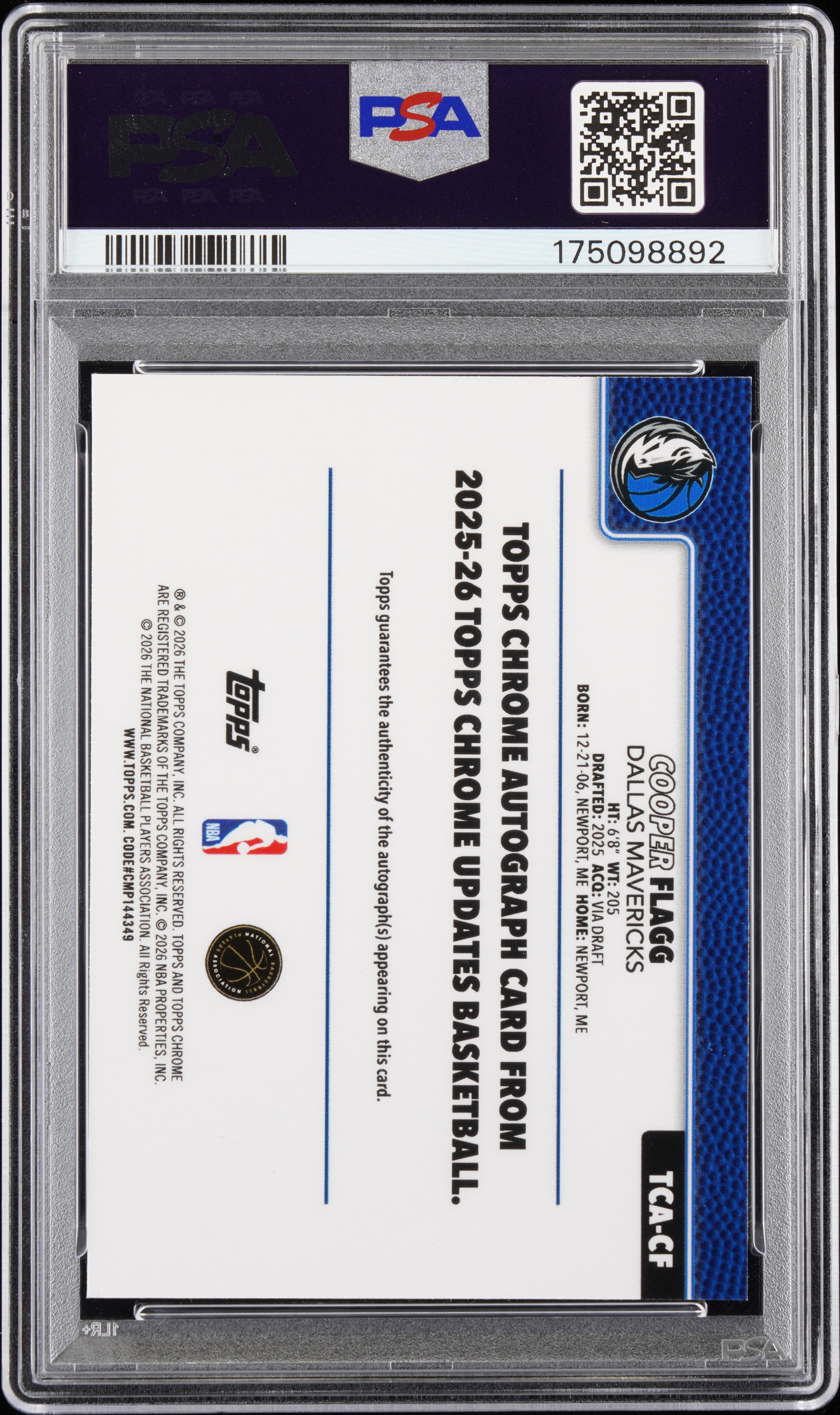 2025 Topps Chrome Update Cooper Flagg Rookie Black Geo Ref #/10 PSA 10 Auto
