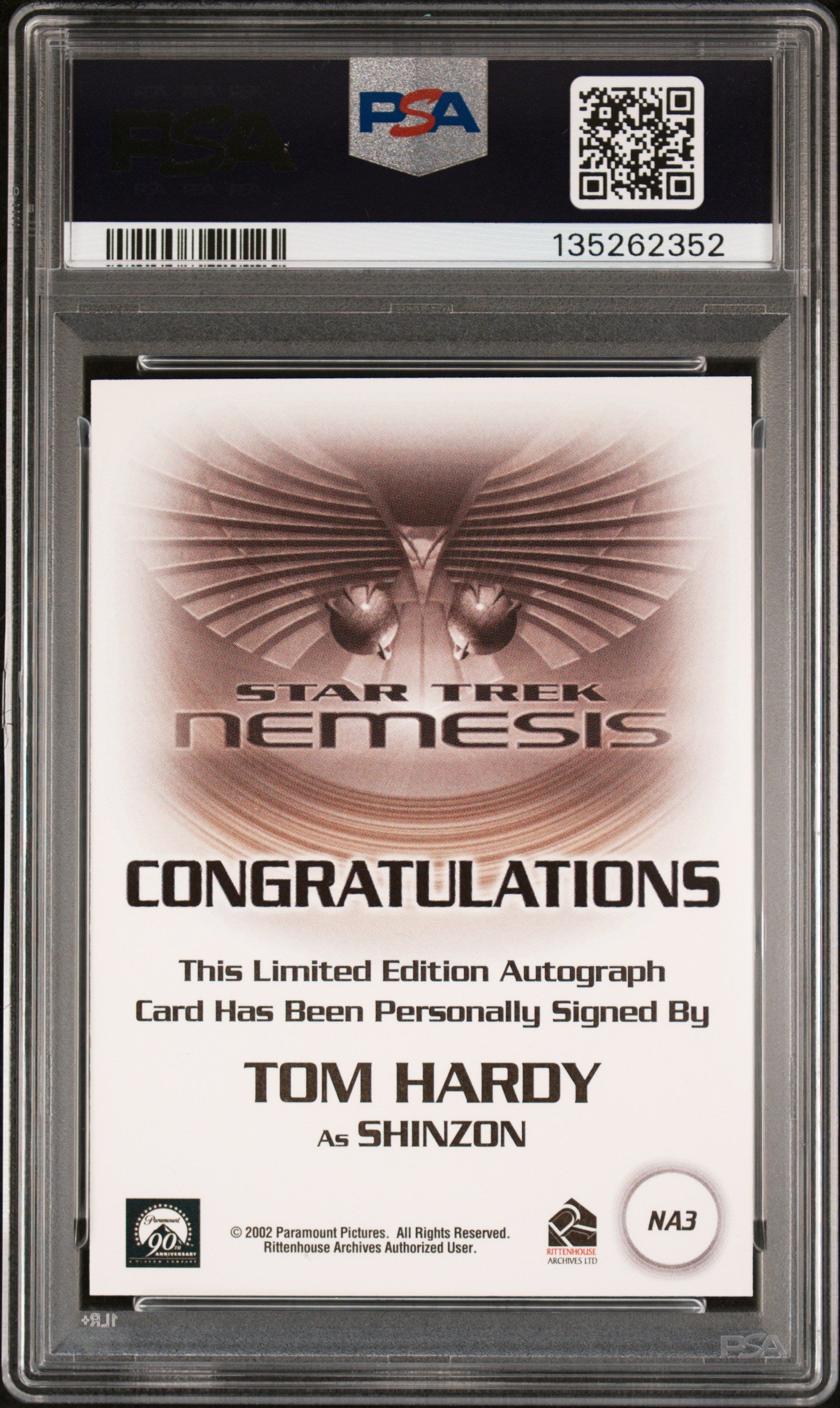 2002 Rittenhouse Star Trek Nemesis Autograph Tom Hardy Auto PSA AU