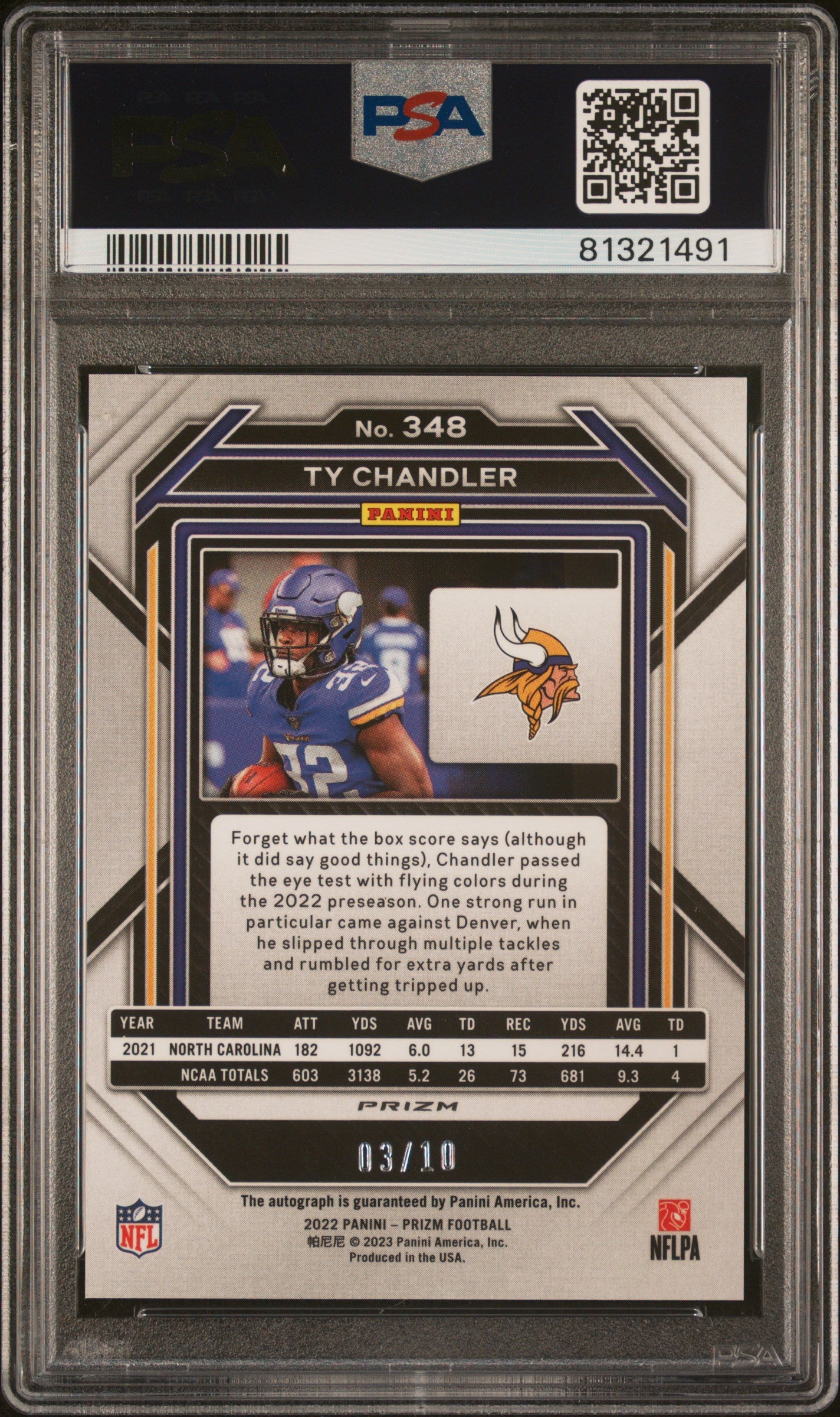 2022 Panini Prizm Ty Chandler #348 Autograph Gold Rookie #/10 PSA 10 Auto