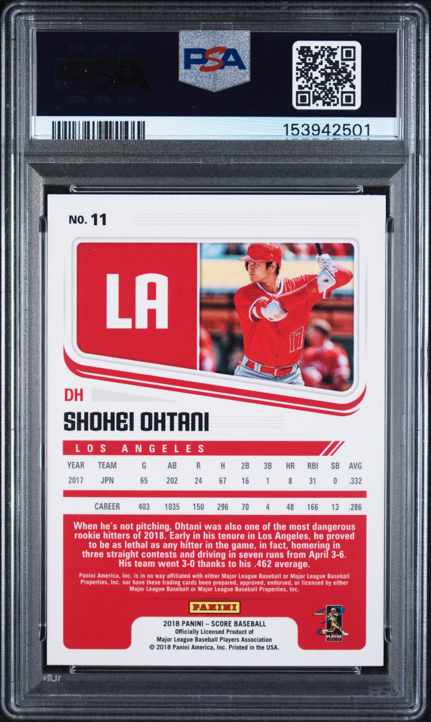 2018 Panini Chronicles Score Shohei Ohtani #11 ROOKIE RC PSA 10 Gem Mint
