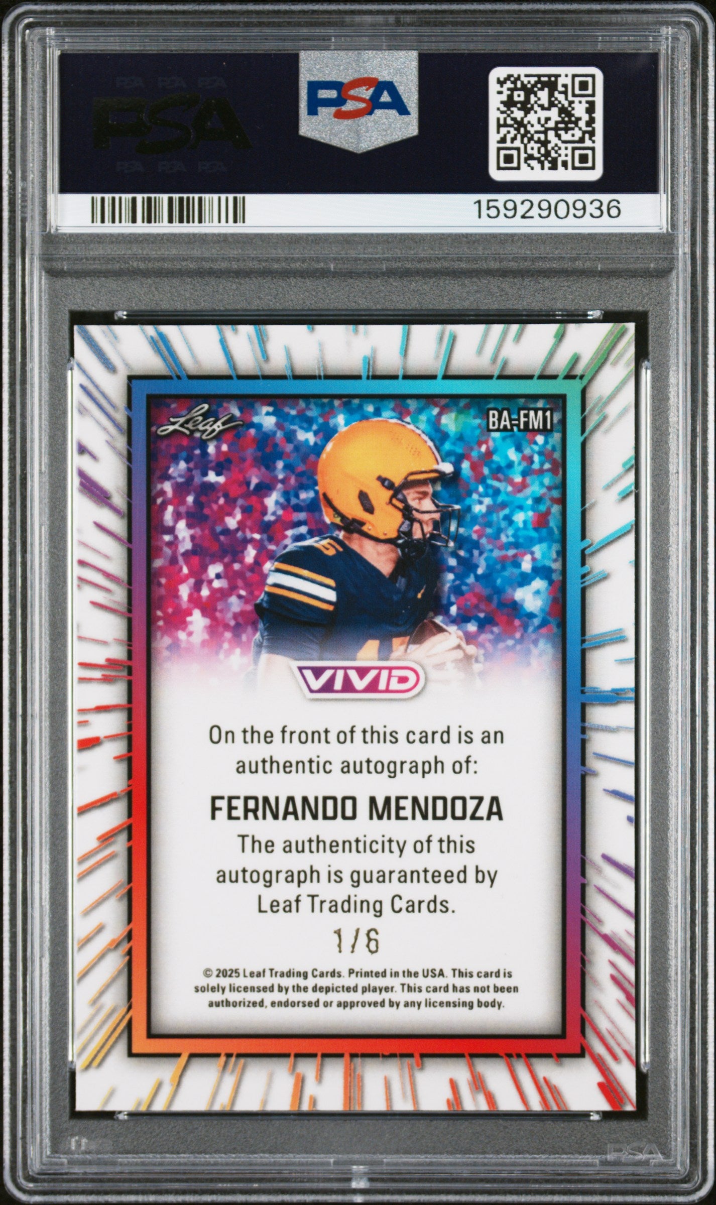2025 Leaf Vivid Autographs Fernando Mendoza #1/6 ROOKIE Blue Lava PSA 10 POP 1