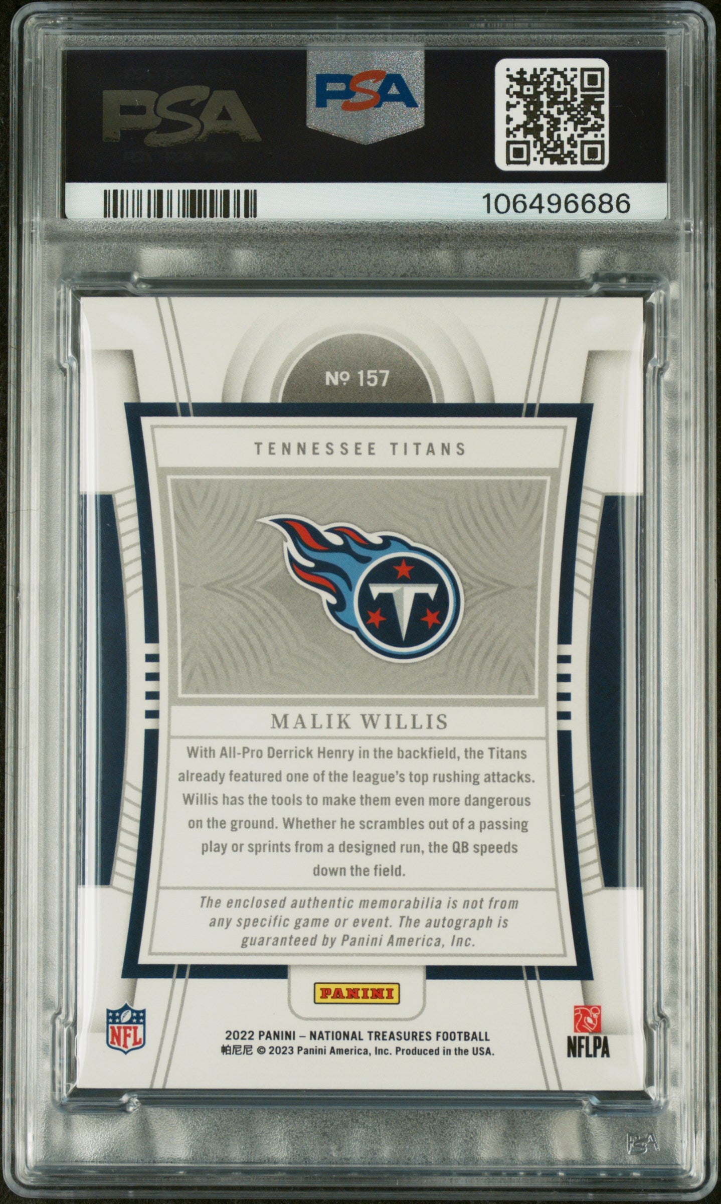 2022 National Treasures Malik Willis 157 Patch 49 Purple Rookie PSA 8/10 Auto