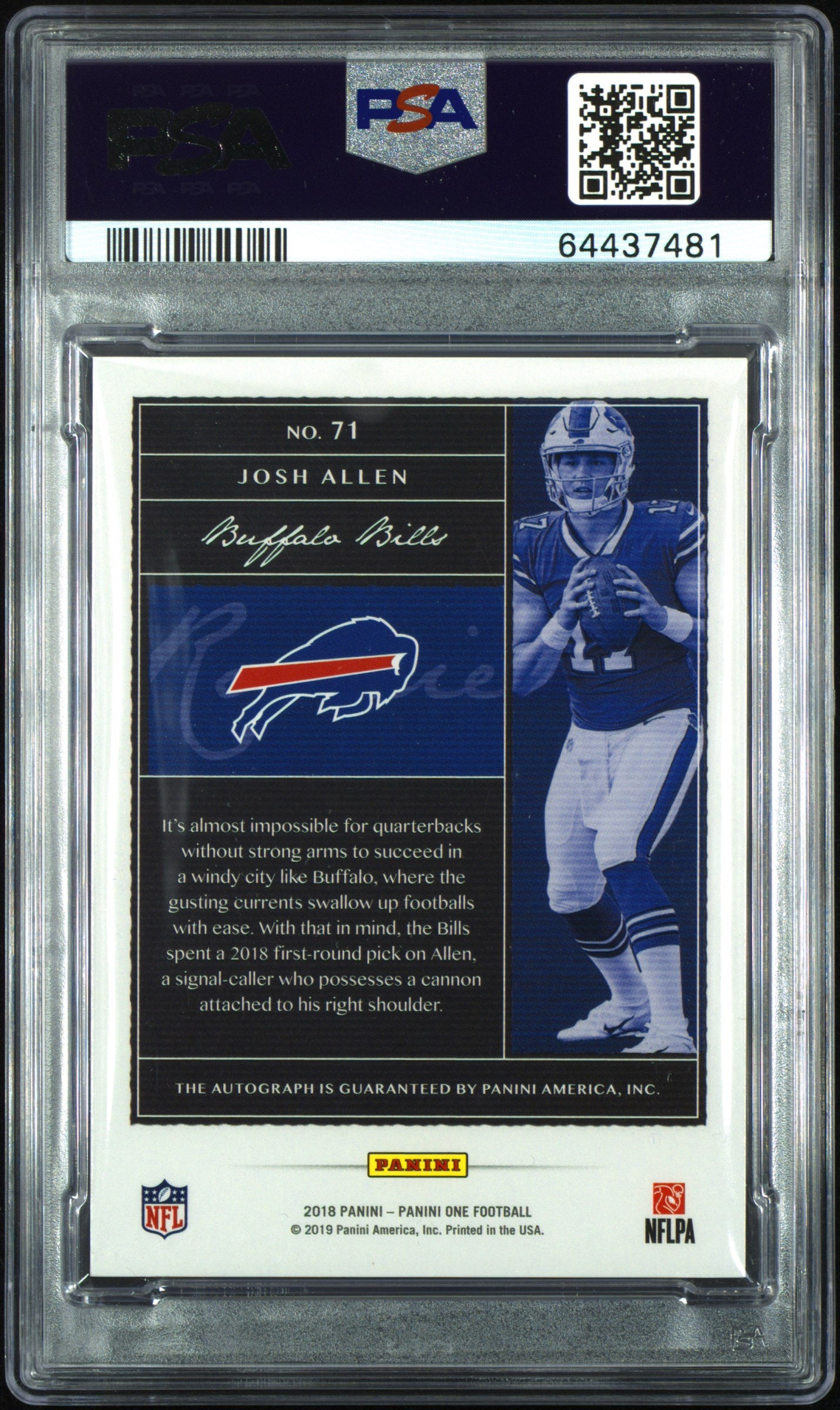 2018 Panini One Josh Allen #71 Rookie Autograph /49 PSA 10 Auto