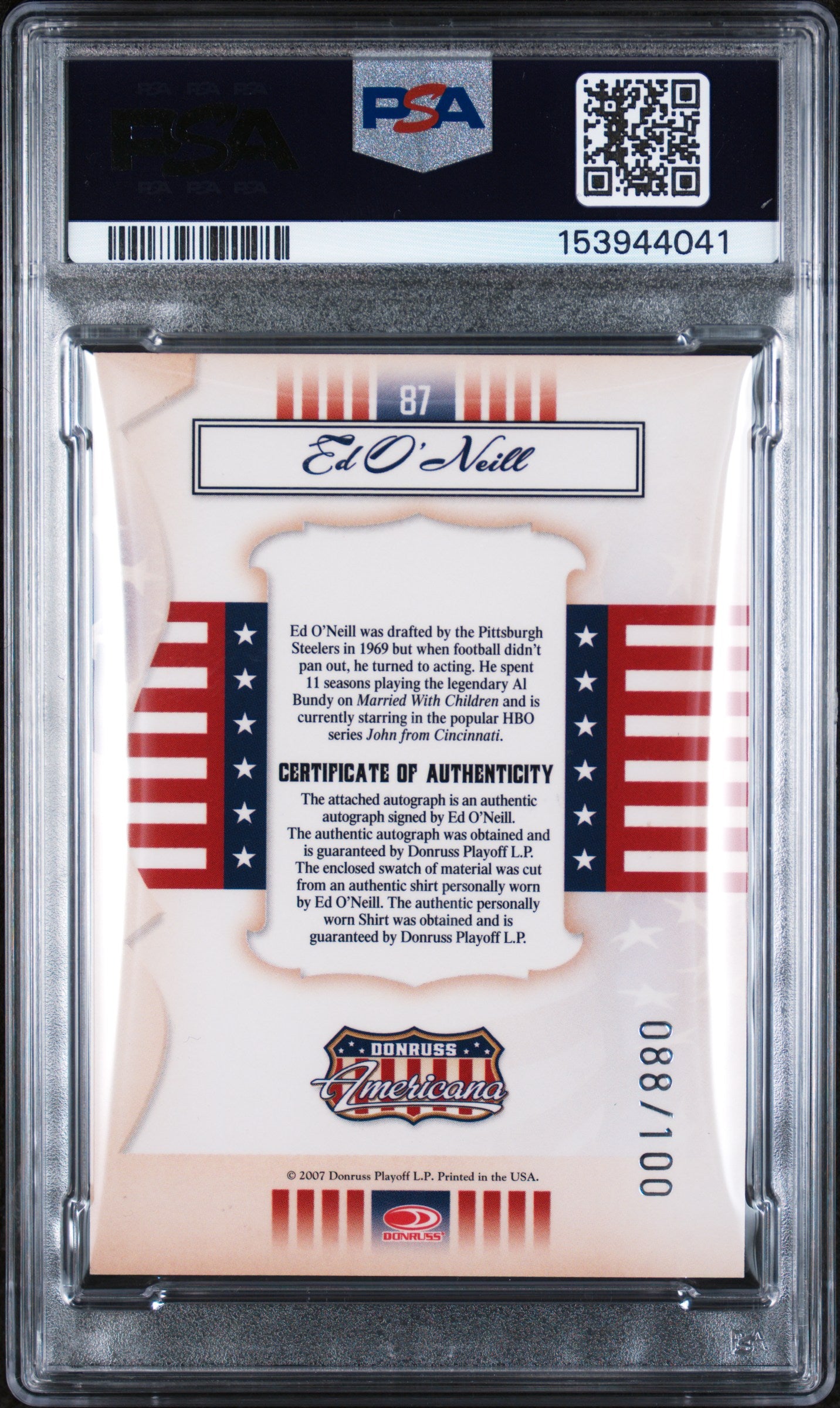 2007 Donruss Americana Stars Signature Material Ed O'Neill #87 PSA 6 Auto 10