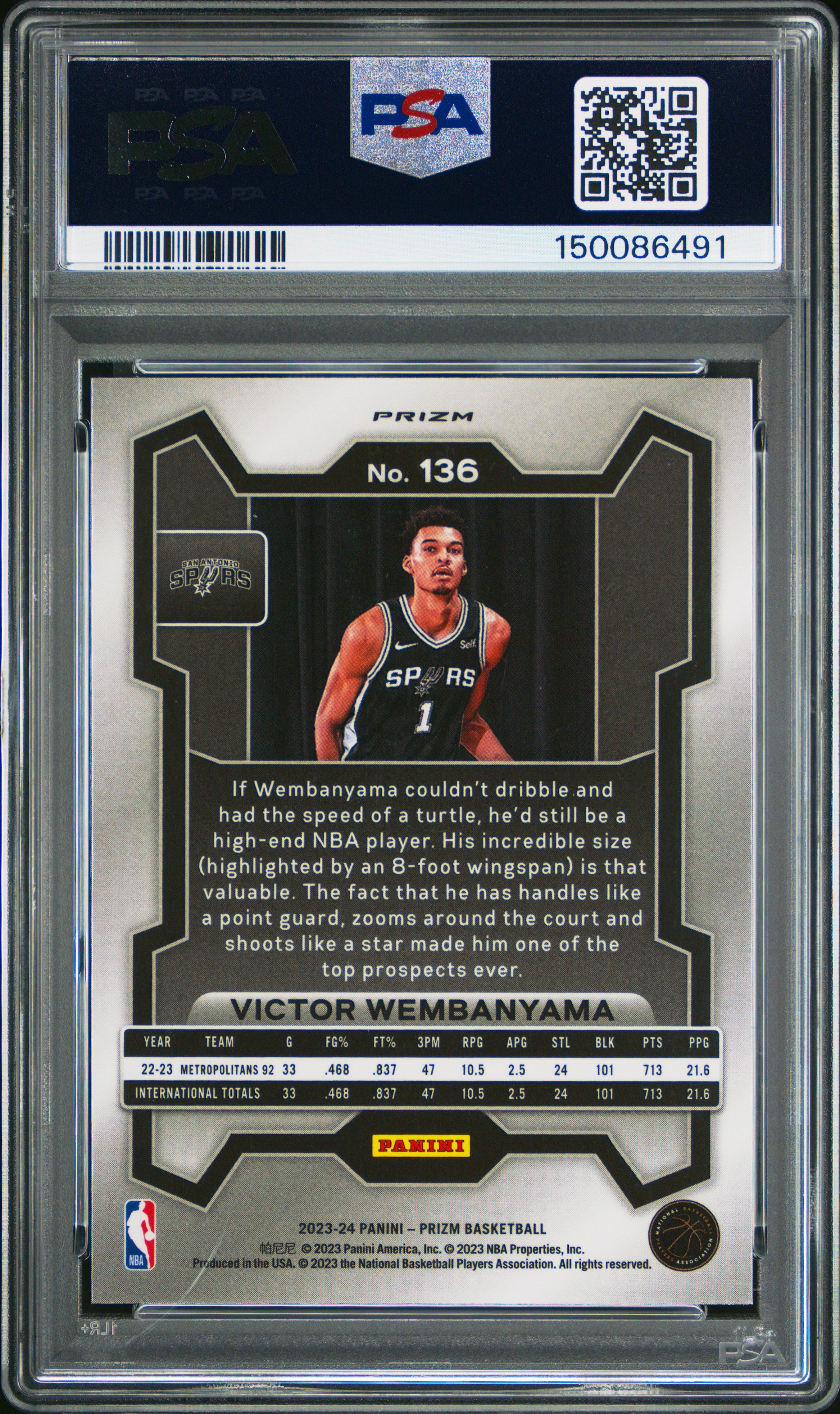 2023 Panini Prizm Victor Wembanyama #136 Silver Rookie RC PSA 9 Mint Spurs