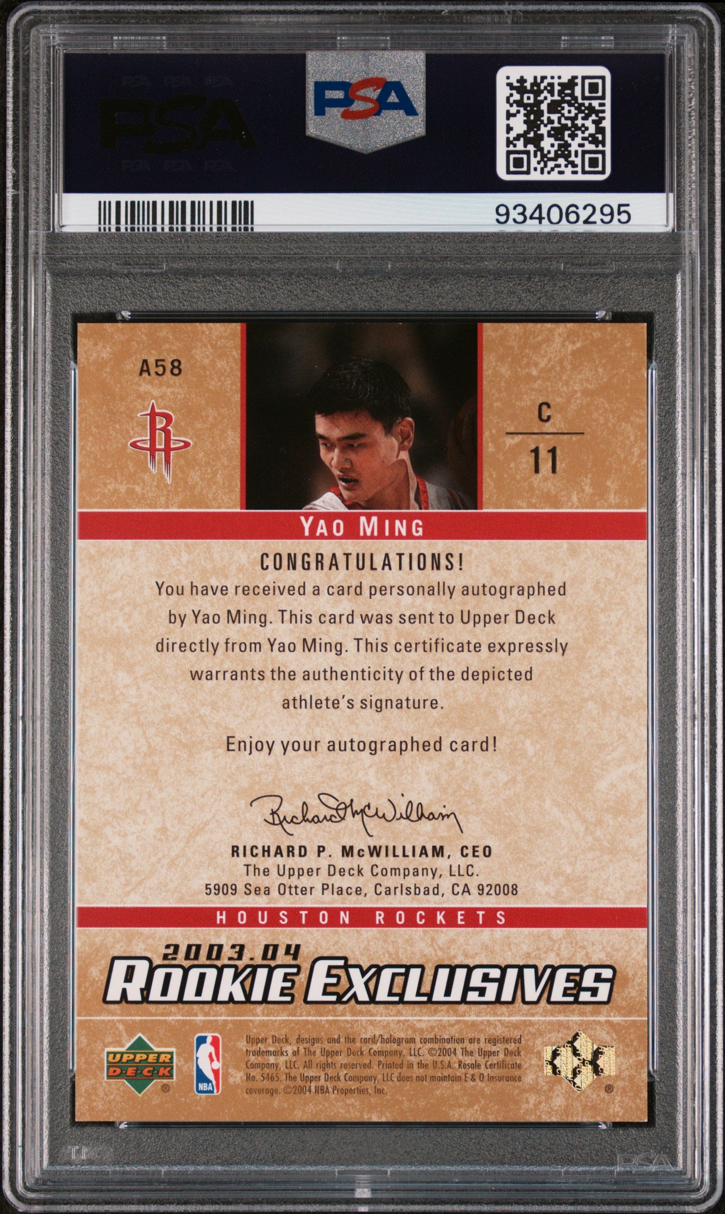 2003 Upper Deck Rookie Exclusives Yao Ming #A58 Auto On Card Autograph PSA 7