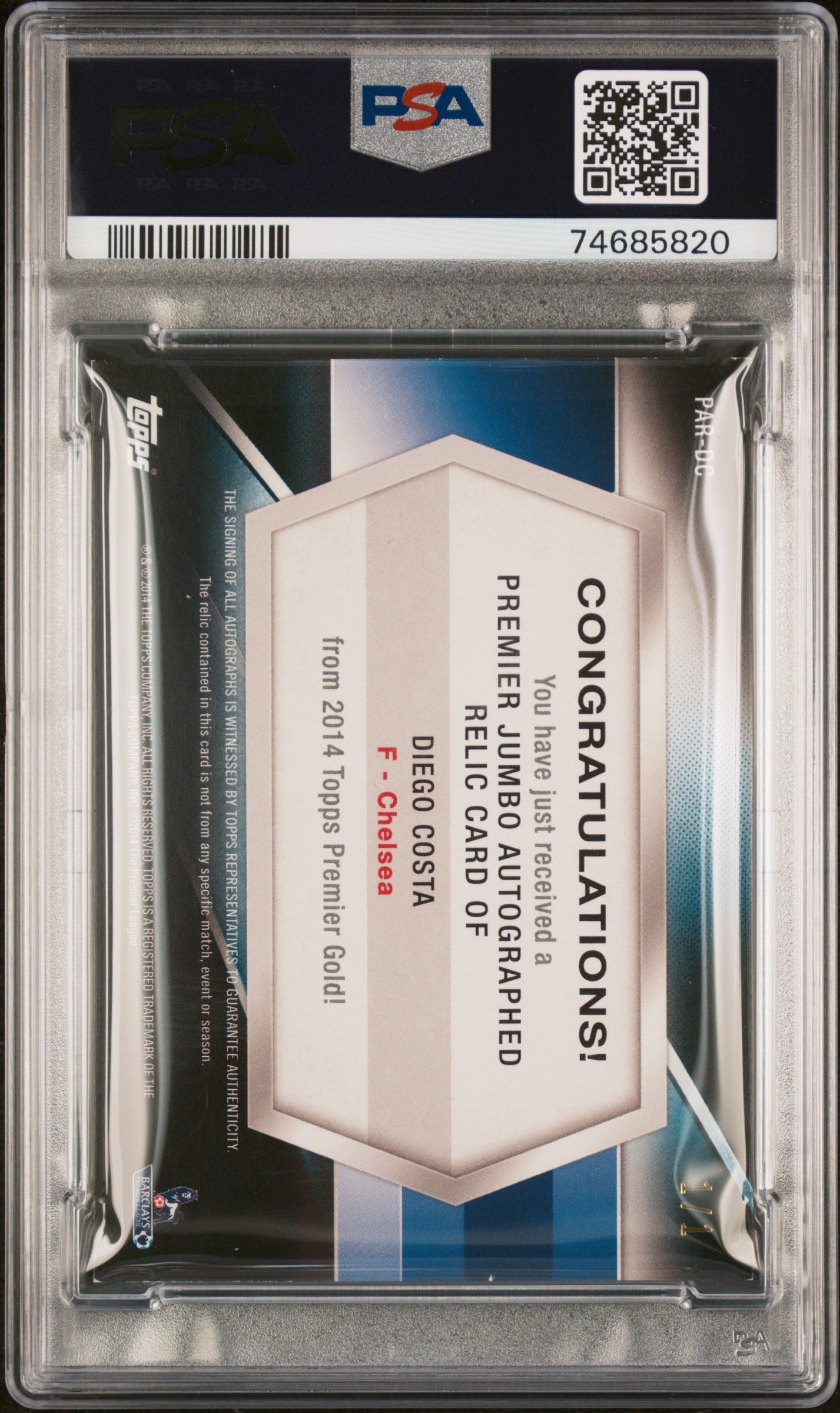 2014 Topps Premier Gold Premier Jumbo Auto Relics Diego Costa Plate #1/1 PSA