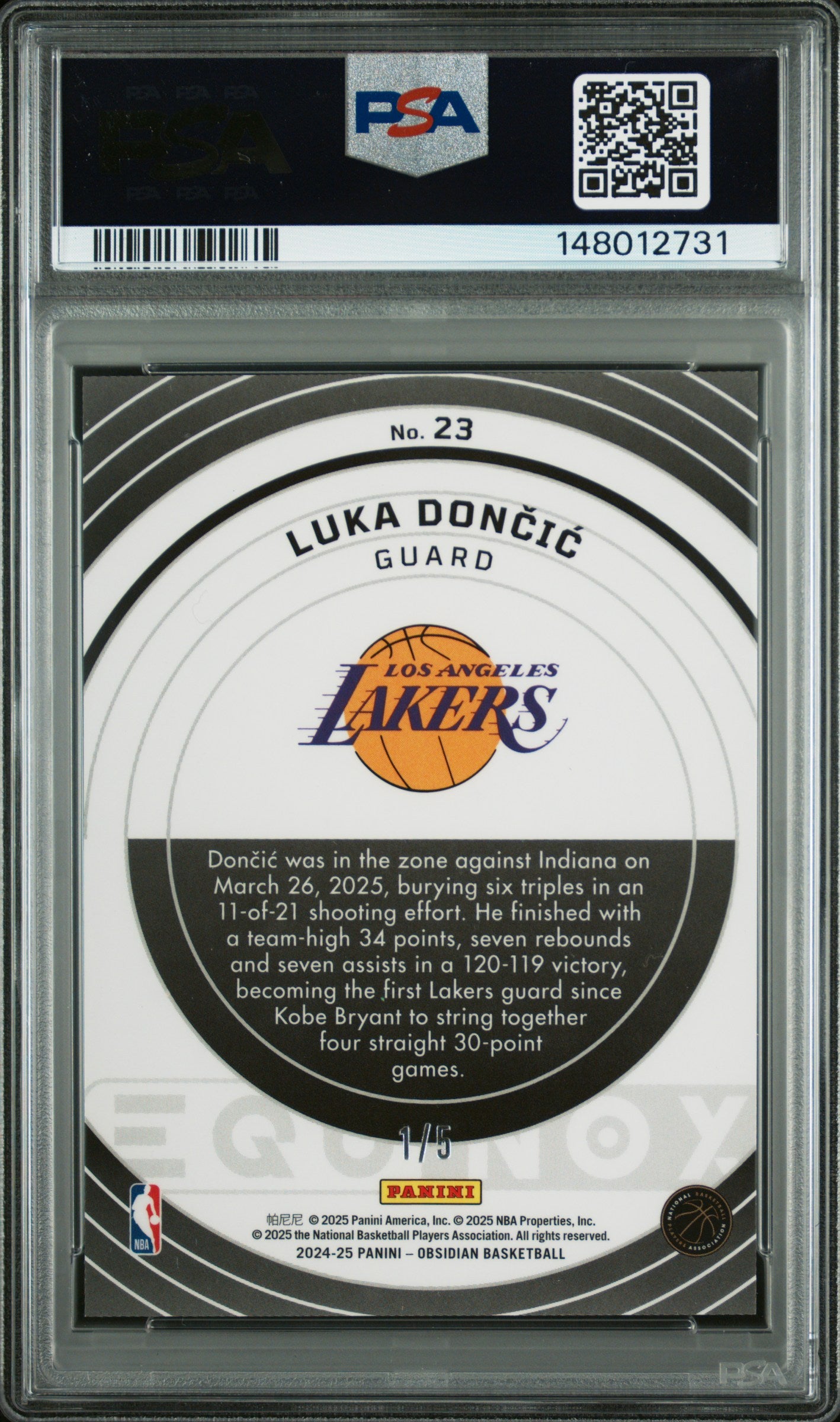 2024 Panini Obsidian Equinox Luka Doncic #23 Blue Deep Sea 1/5 PSA 9 Mint Lakers