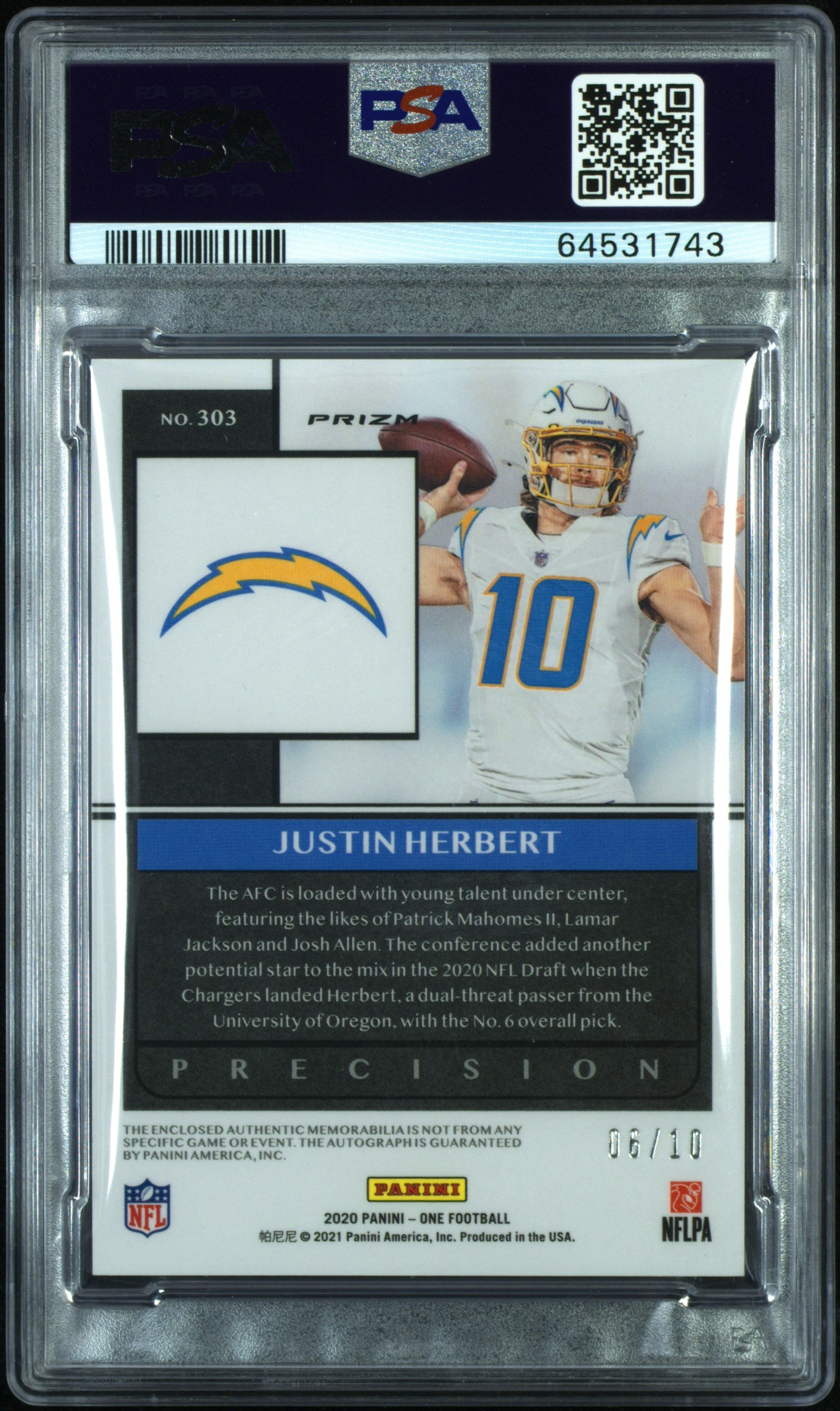 2020 Panini One Precision Justin Herbert #303 Auto Rookie Patch /10 PSA 10 POP2