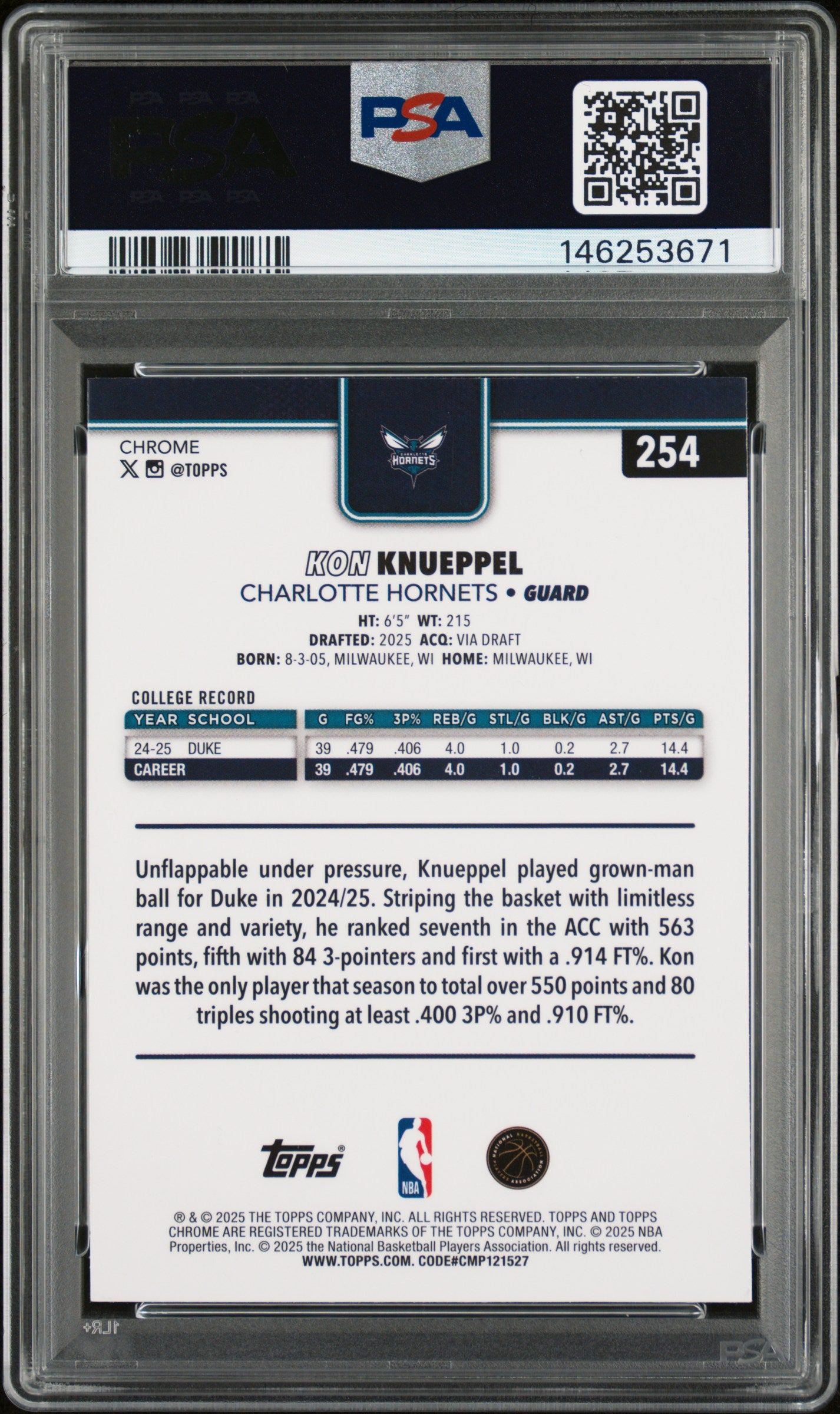 2025 Topps Chrome Kon Knueppel #254 Green Wave Refractor Rookie #/99 PSA 10