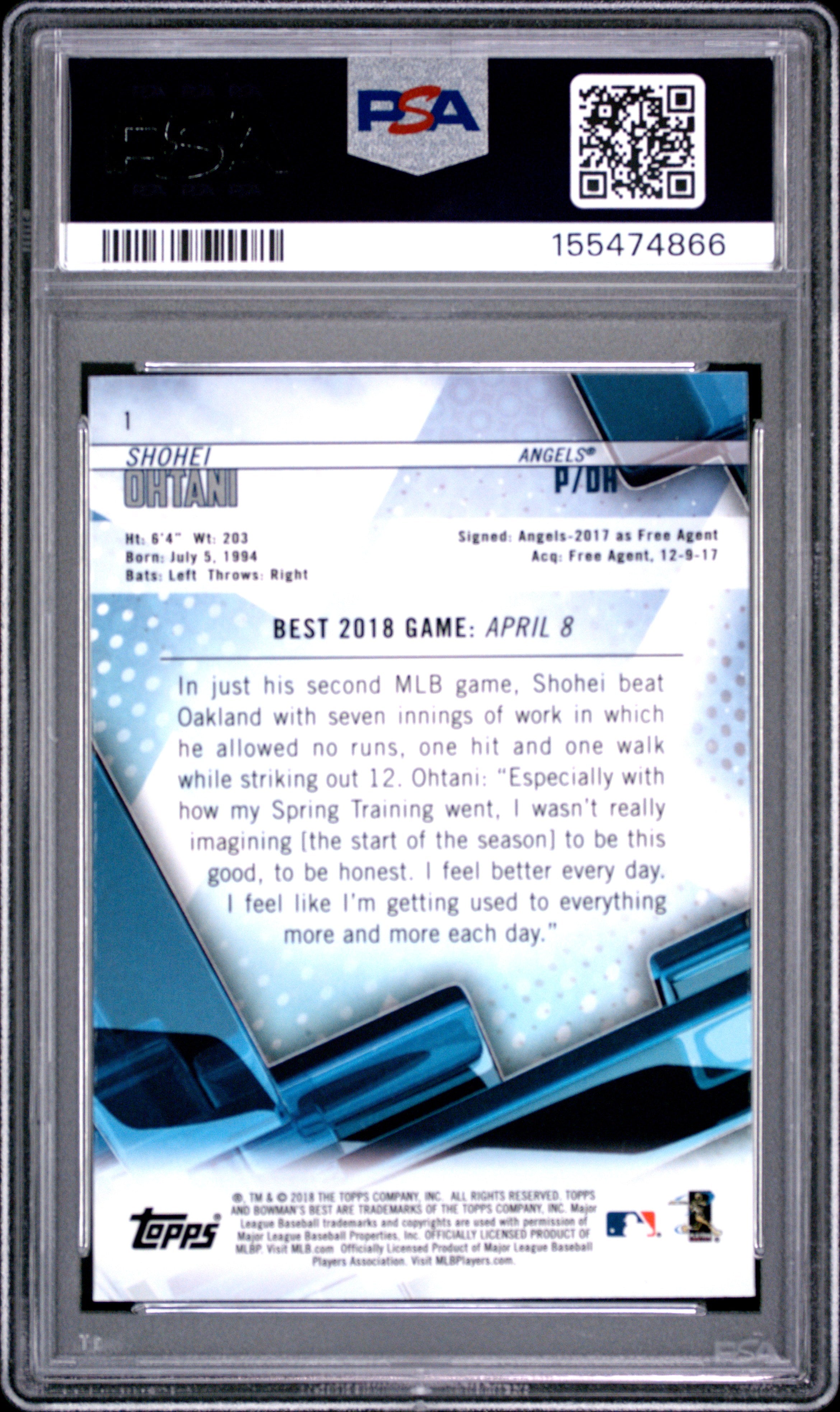 2018 Bowman's Best Shohei Ohtani #1 Rookie RC PSA 10 Dodgers Gem Mint