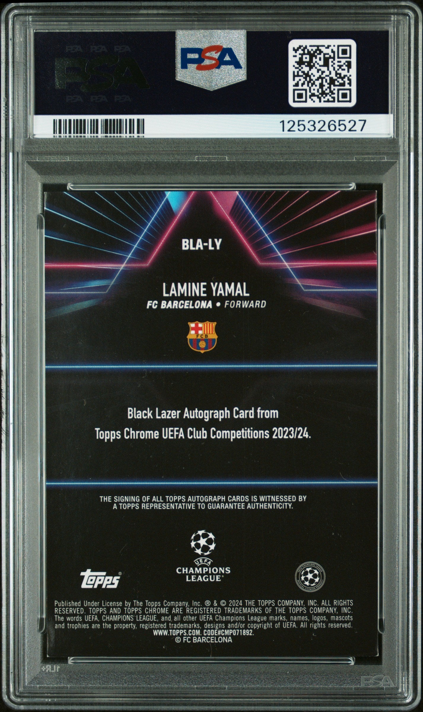 2023 Topps Chrome UEFA Black Lazer Rookie Lamine Yamal Blue Ref /150 PSA Auto 10