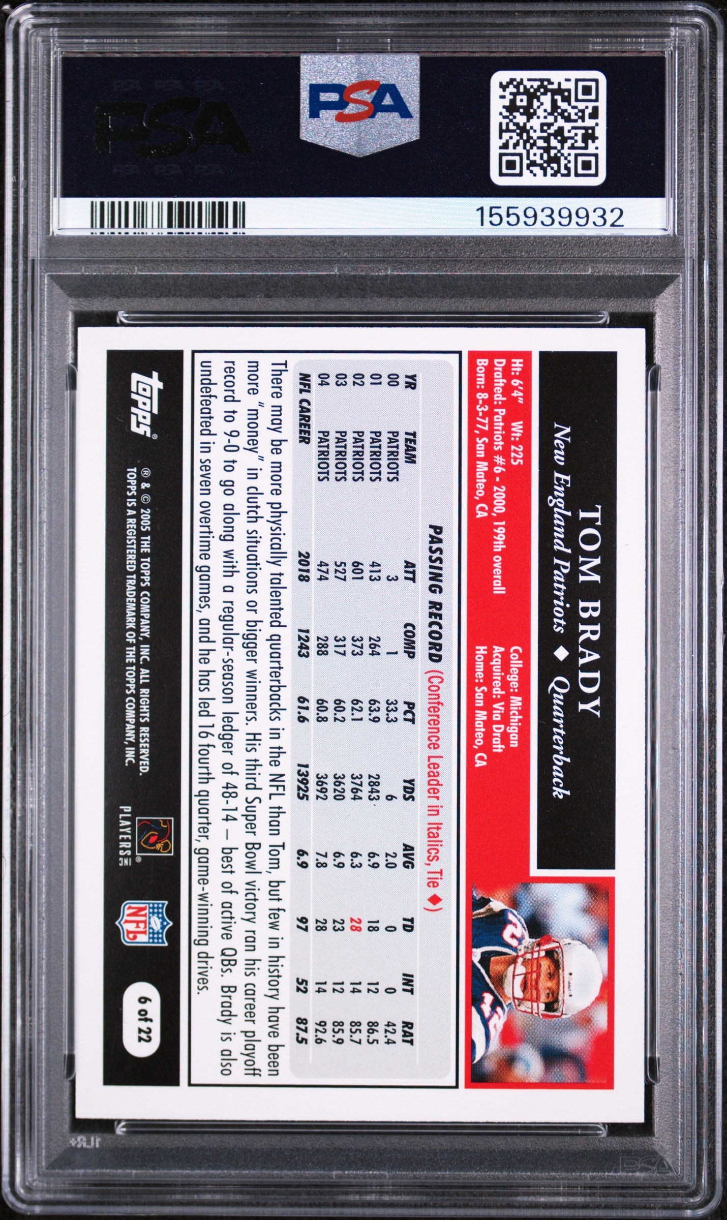 2005 Topps Turn Back The Clock Tom Brady #6 PSA 10 Gem Mint