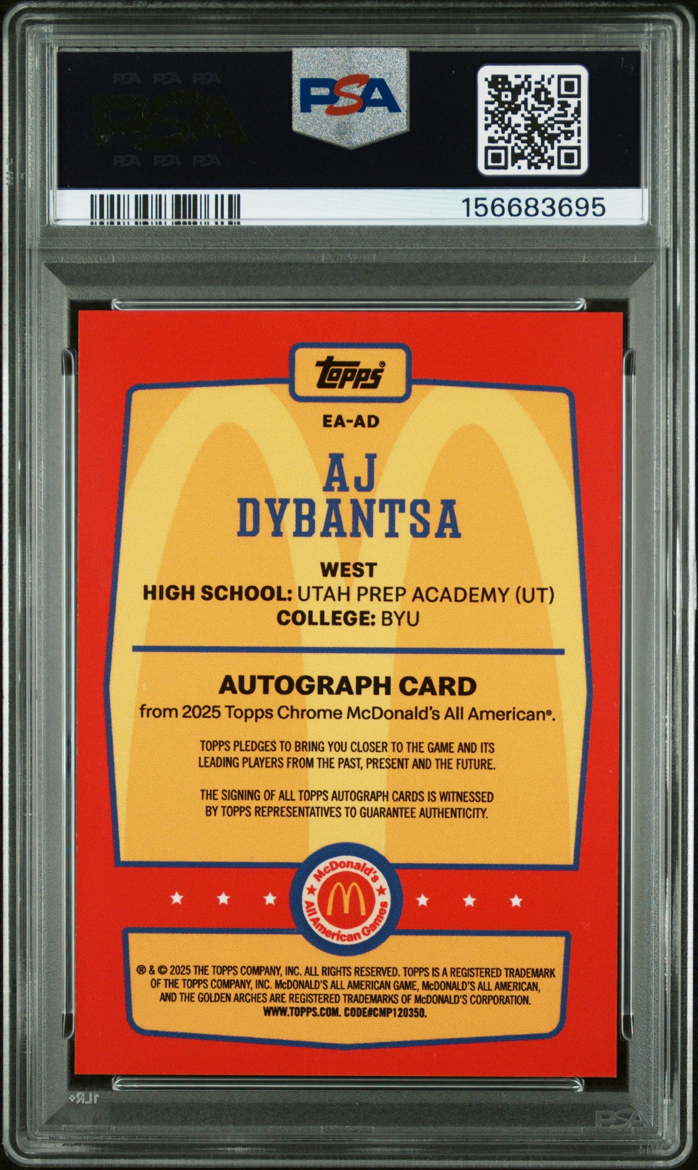 2025 Topps Chrome Mcdonald's All American Autograph Aj Dybantsa RC PSA 9 Auto