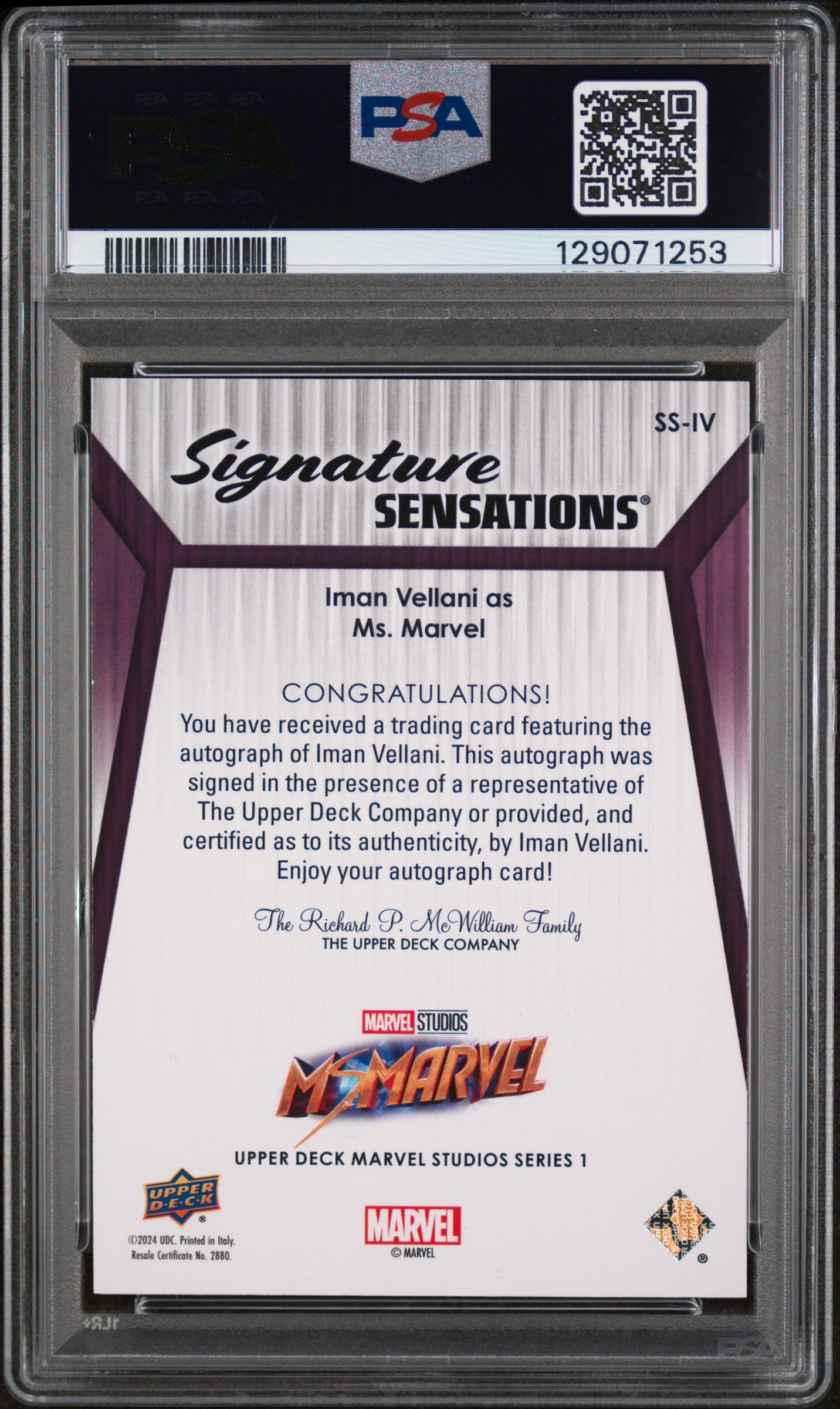 2024 Upper Deck Marvel Studios S1 Signature  Iman Vellani Ms Marvel PSA Auto 10