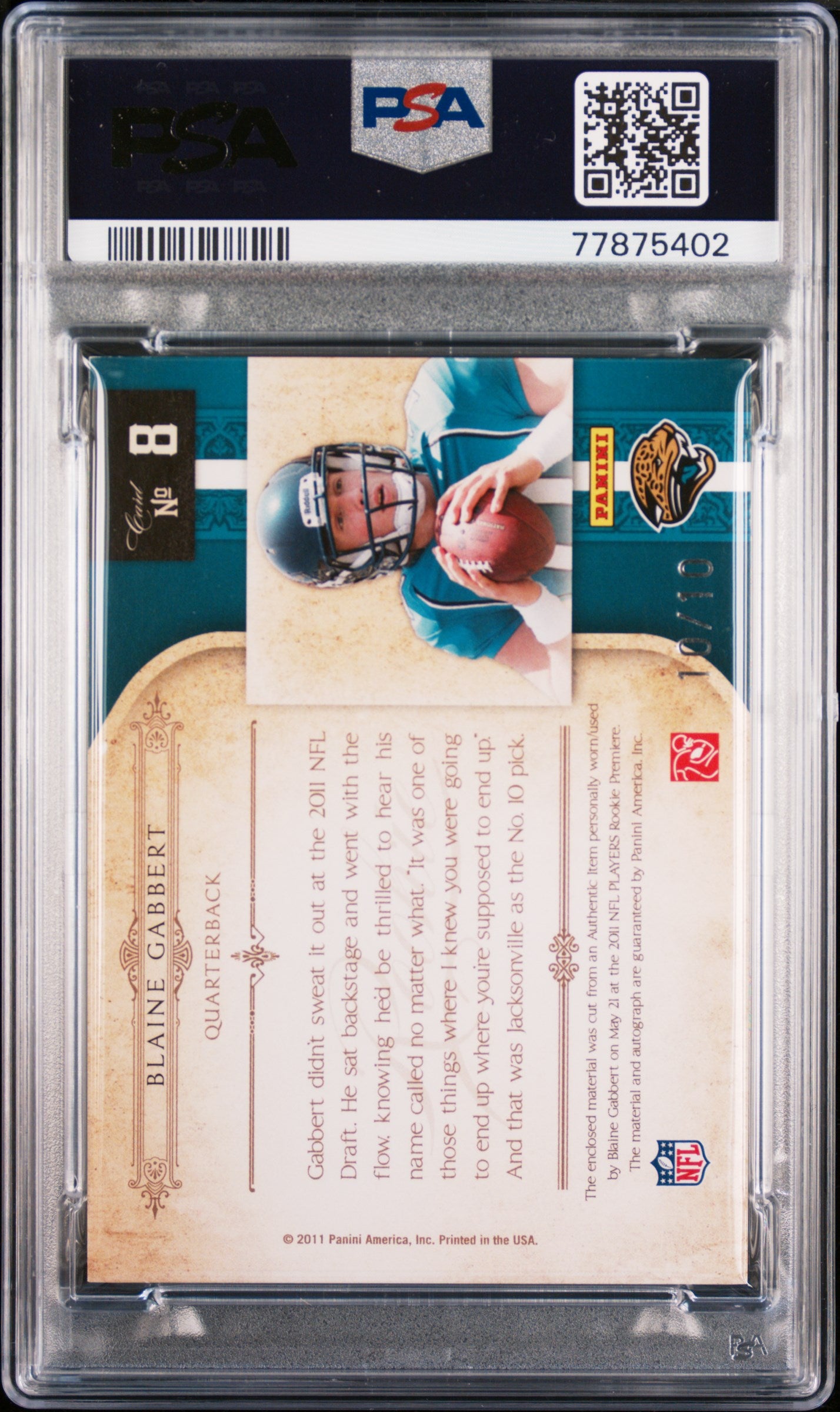 2011 National Treasures Rookie Brand Logo Patch Auto Blaine Gabbert #/10 PSA 8