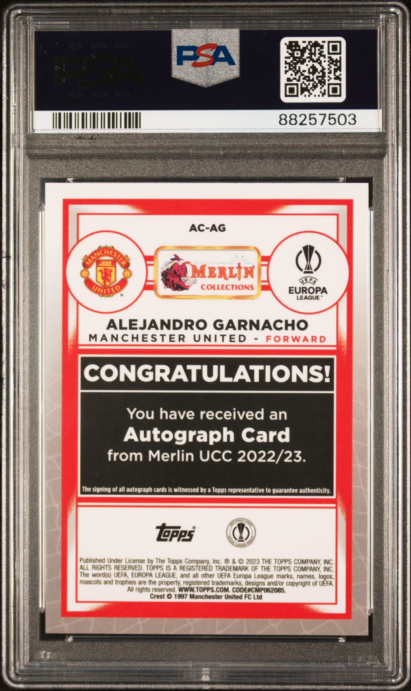 2022 Topps Merlin Chrome UEFA Auto Alejandro Garnacho Blue Refractor /75 PSA 9