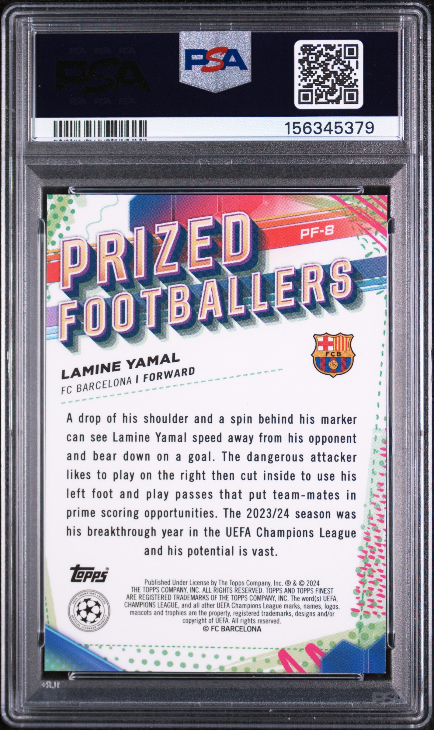 2023 Topps Finest UEFA Club Rookie Lamine Yamal Purple Refractor #/299 RC PSA 10
