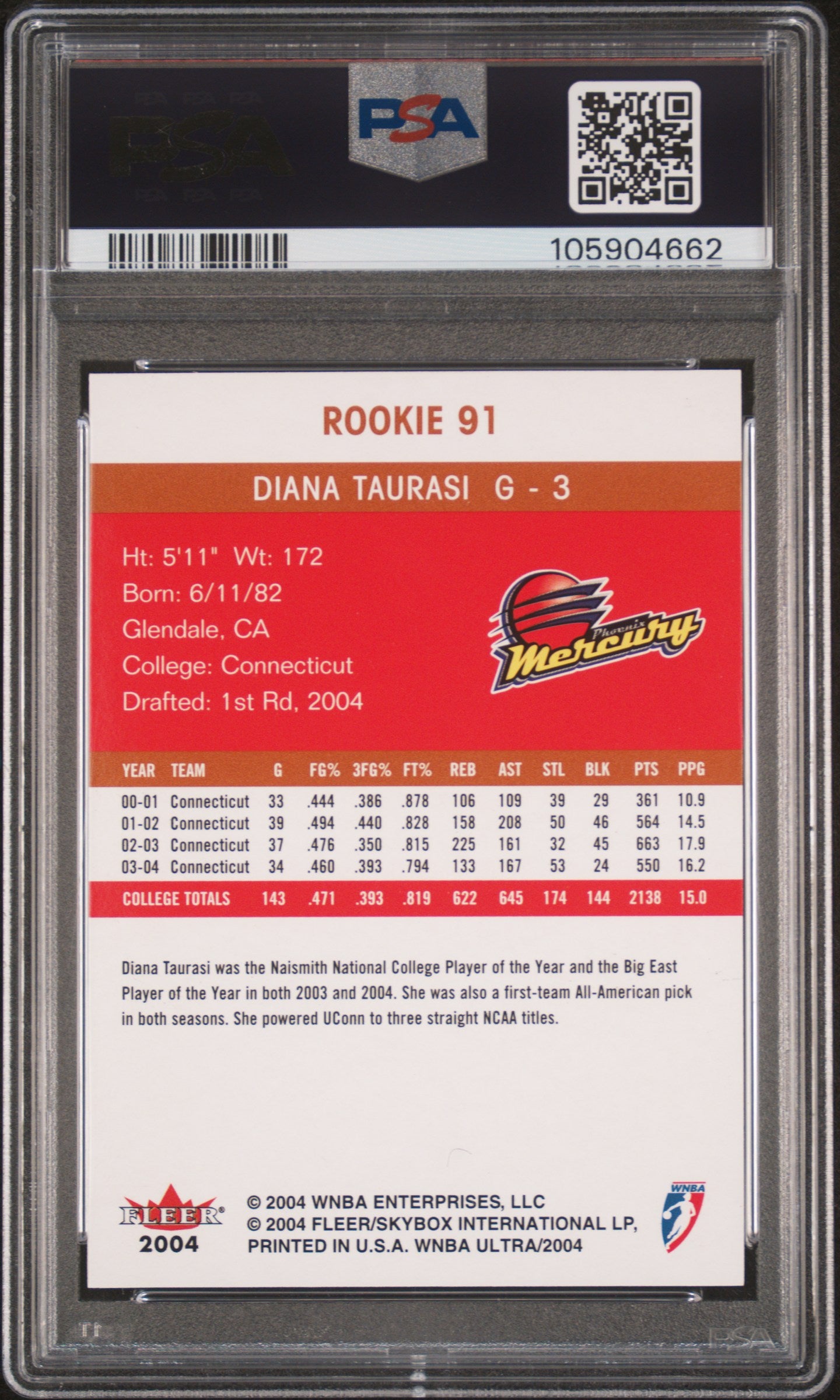 2004 Ultra WNBA Diana Taurasi #91 Rookie RC SP PSA 9 Mint Tough Grade Pop 27