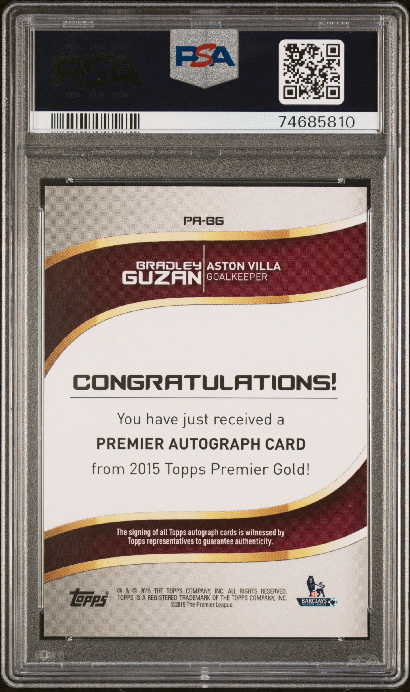 2015 Topps Premier Gold Autograph Bradley Guzan Orange /11 PSA Auto USA