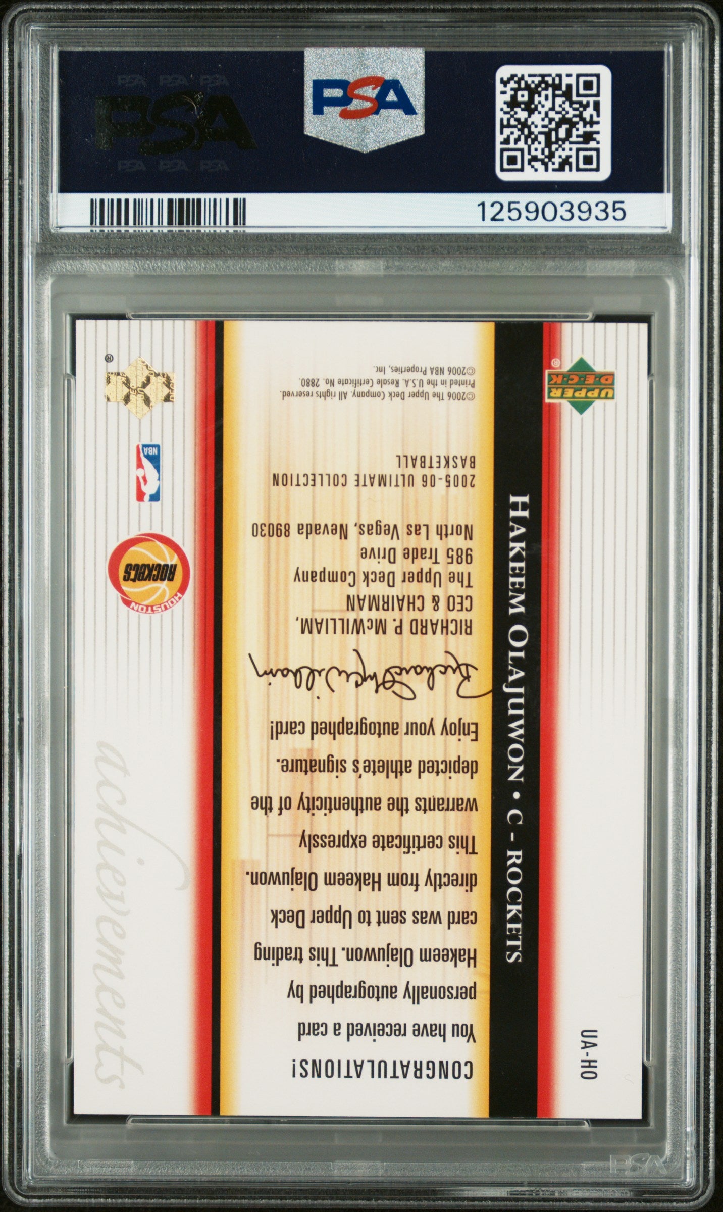 2005 Ultimate Collection Achievements Signatures Hakeem Olajuwon Auto /89 PSA 10